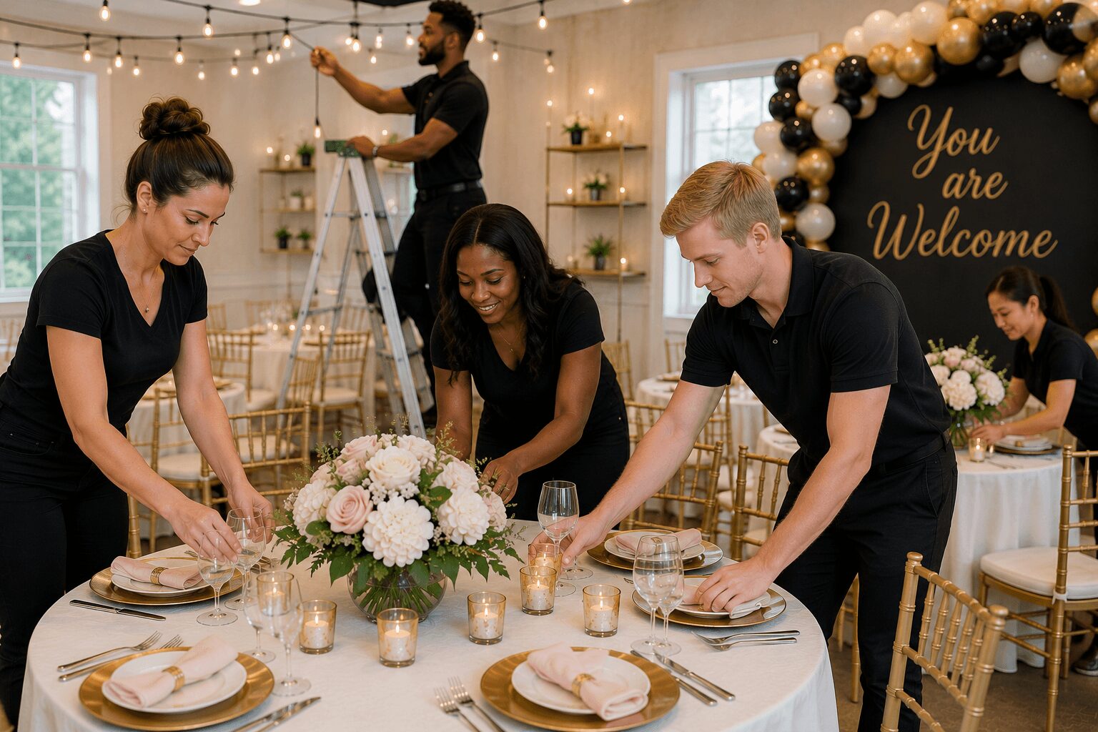 People setting a table with floral centerpiece and candles at a celebration event, with a decorated backdrop reading 'You are Welcome'.