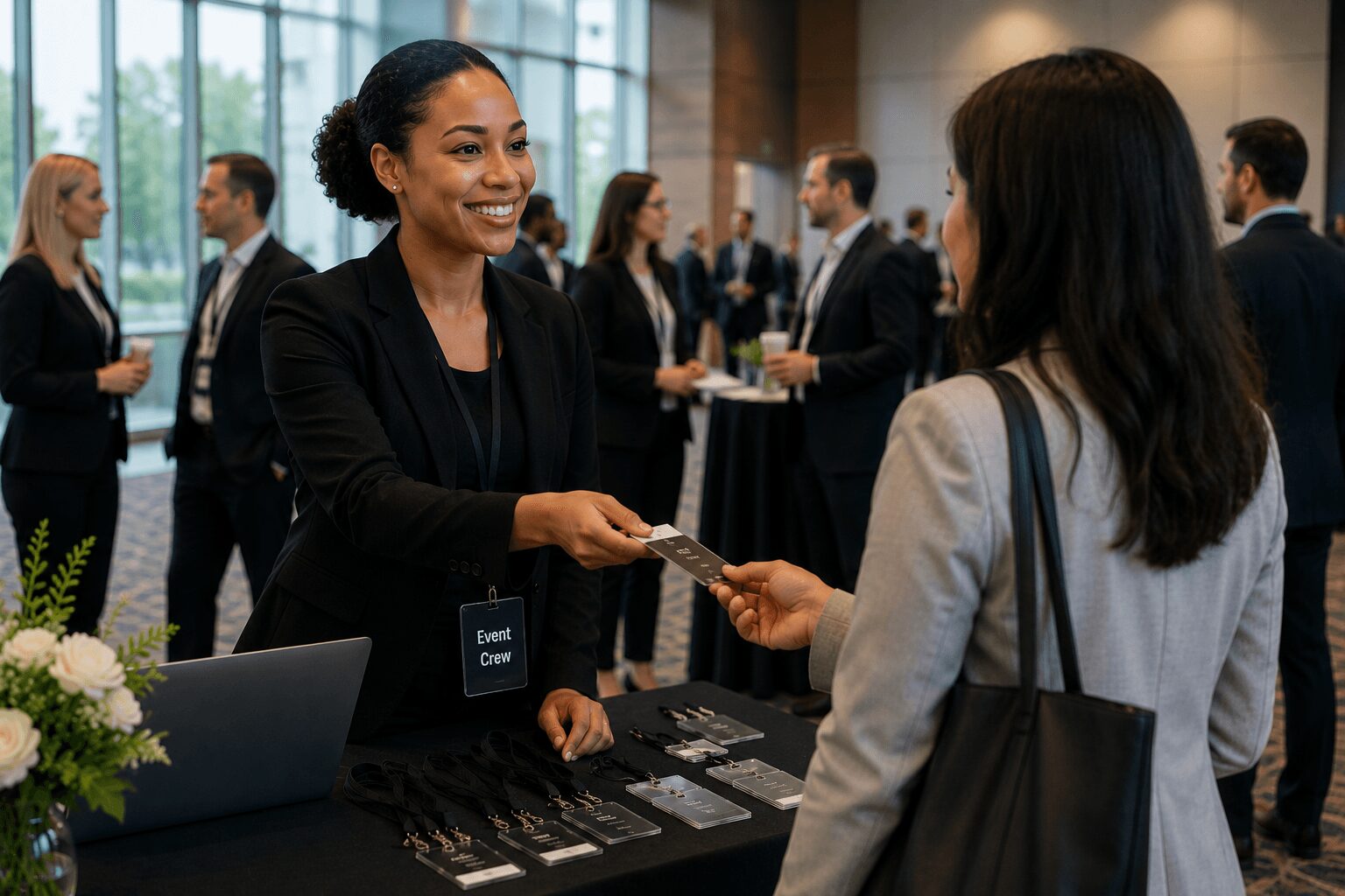Two women exchanging a business card at a professional event, with other people in the background.