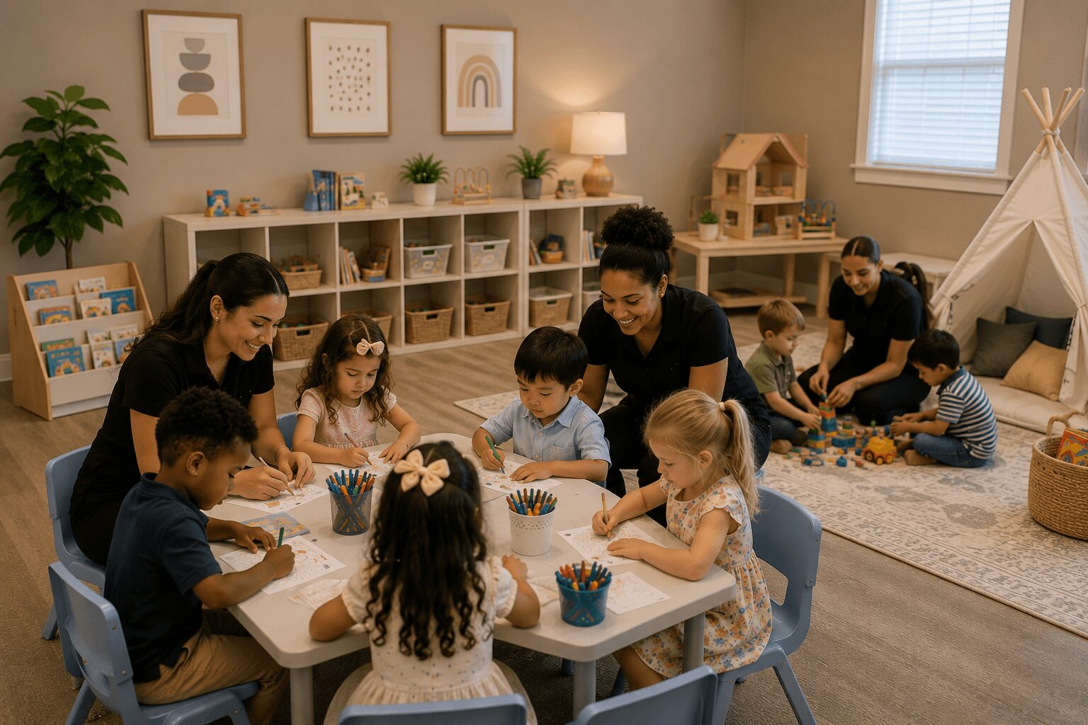 Children and adults sit around a table drawing and coloring in a bright, cozy room with shelves, artwork, and a teepee.