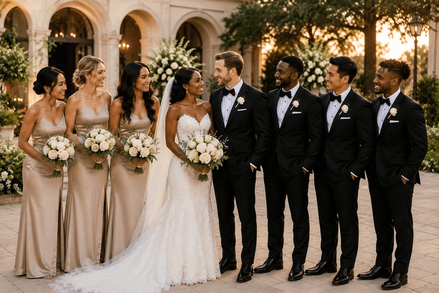 Wedding party with bride, groom, bridesmaids, and groomsmen standing outdoors in front of a building with arches and trees.