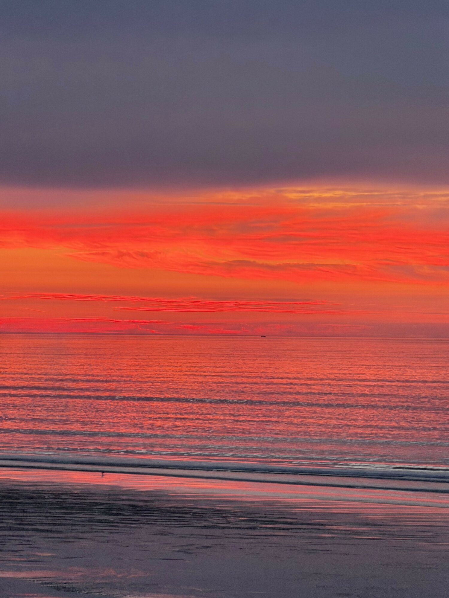 Sunset over water with vibrant orange and red sky, reflected on the surface, and a dark shoreline on the right.