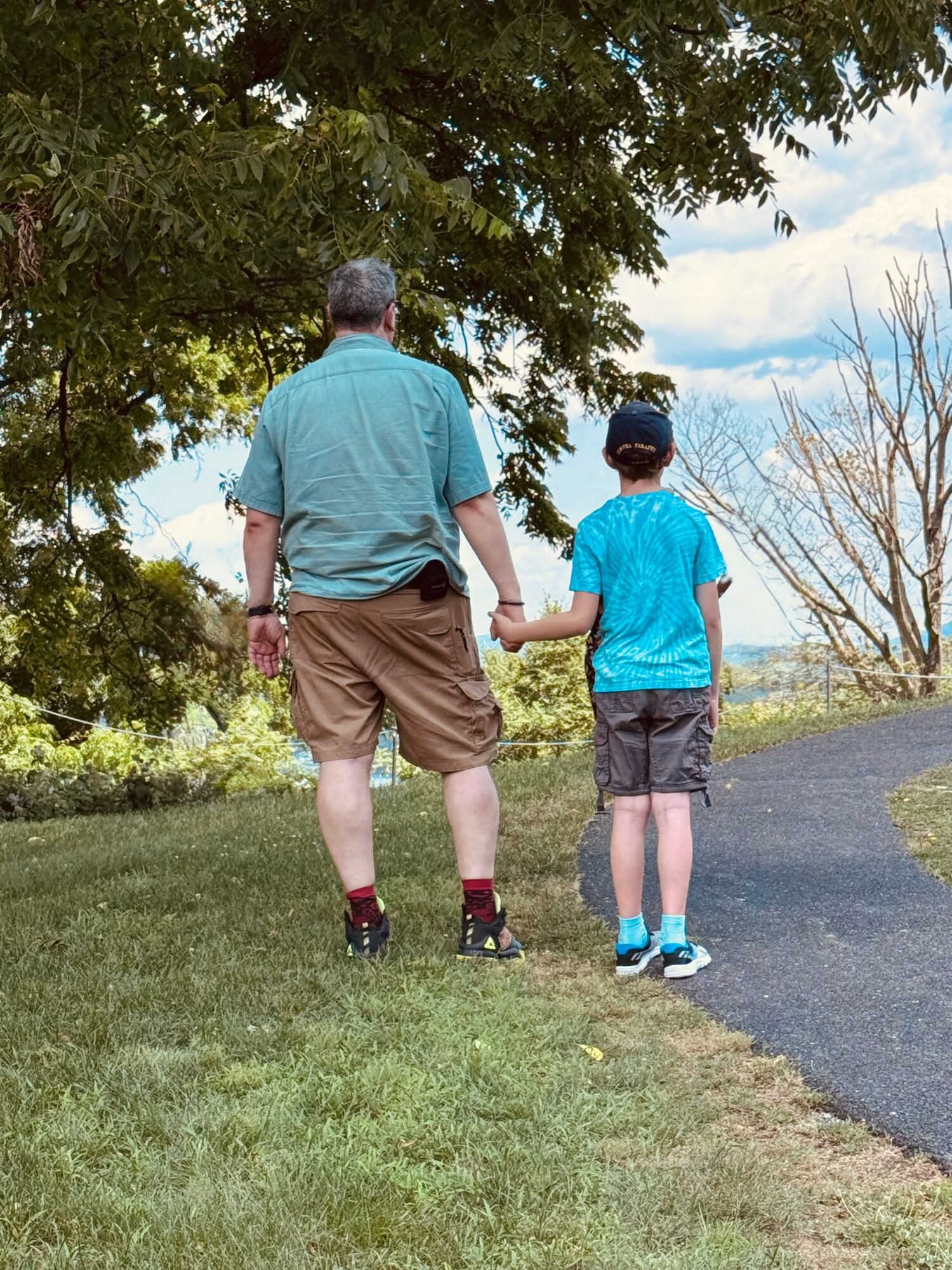 Two people, an adult and a child, walk hand in hand on a grassy area near a paved path, with trees and sky in background.