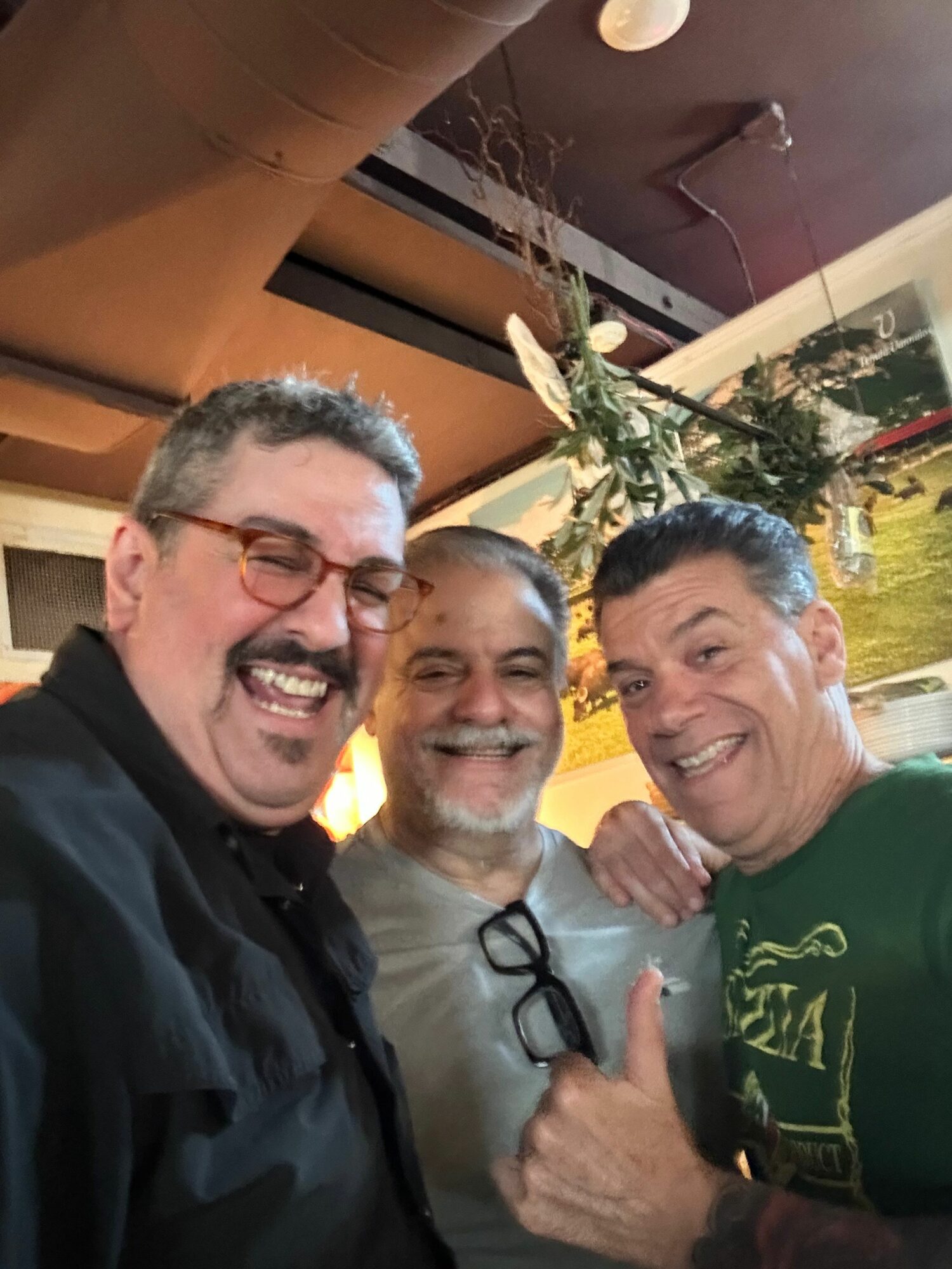 Four men smiling and laughing together indoors, some wearing glasses, with a table and decorations in the background.