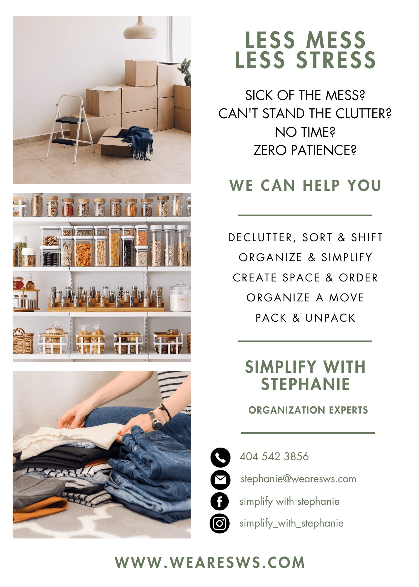 Advertisement with text about decluttering, organizing, and simplifying, featuring stacked boxes, shelves, and folded clothes. Contact info included.