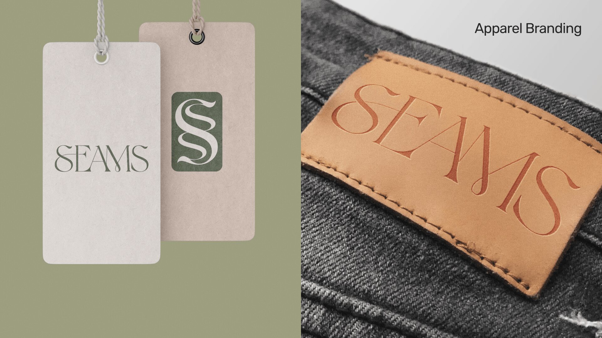 Two clothing tags, one with the word 'SEAMS' and a logo, the other with a leather patch on jeans.