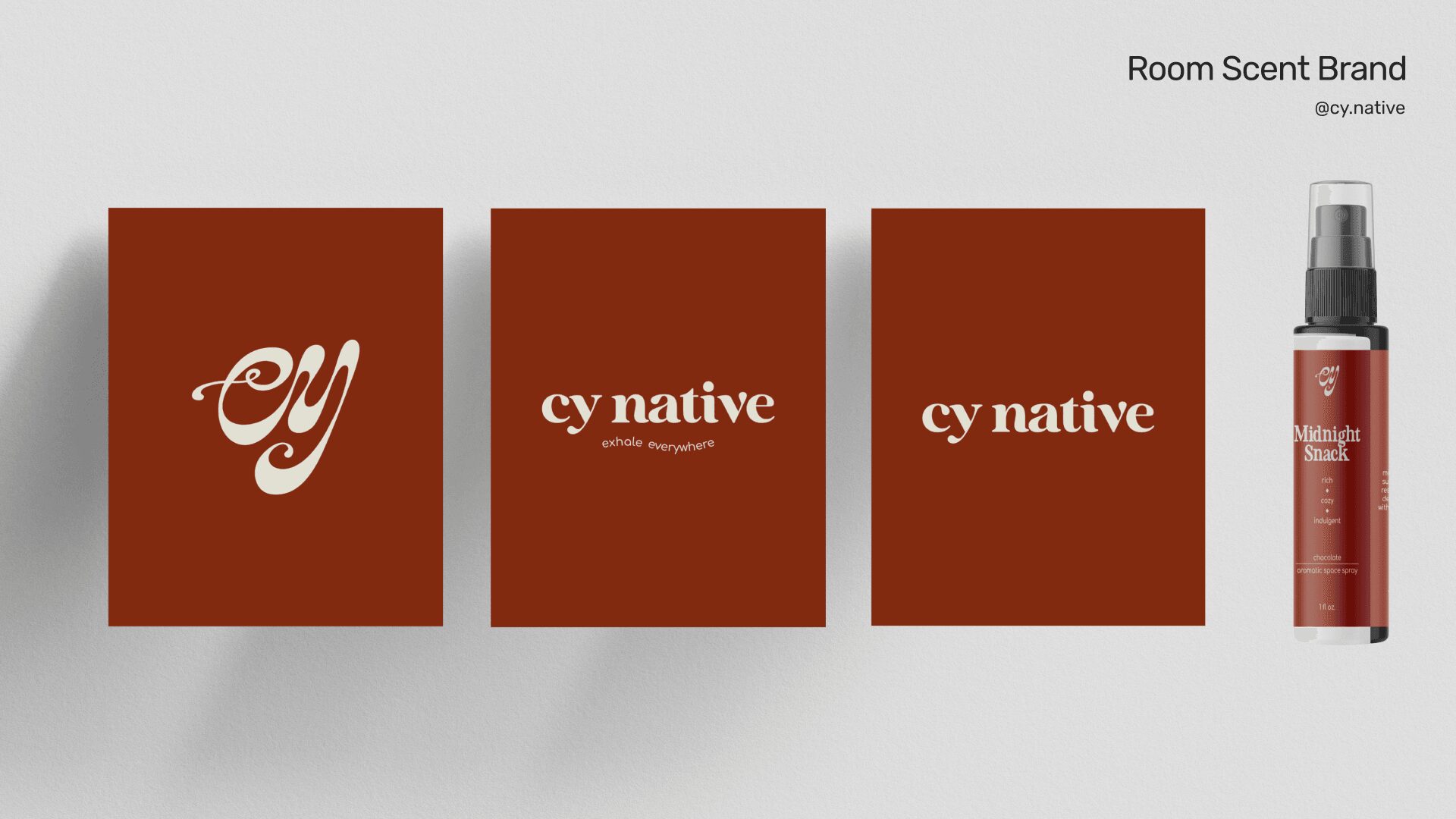 Three product labels with a red background and white text, and a spray bottle on the right, on a gray background.