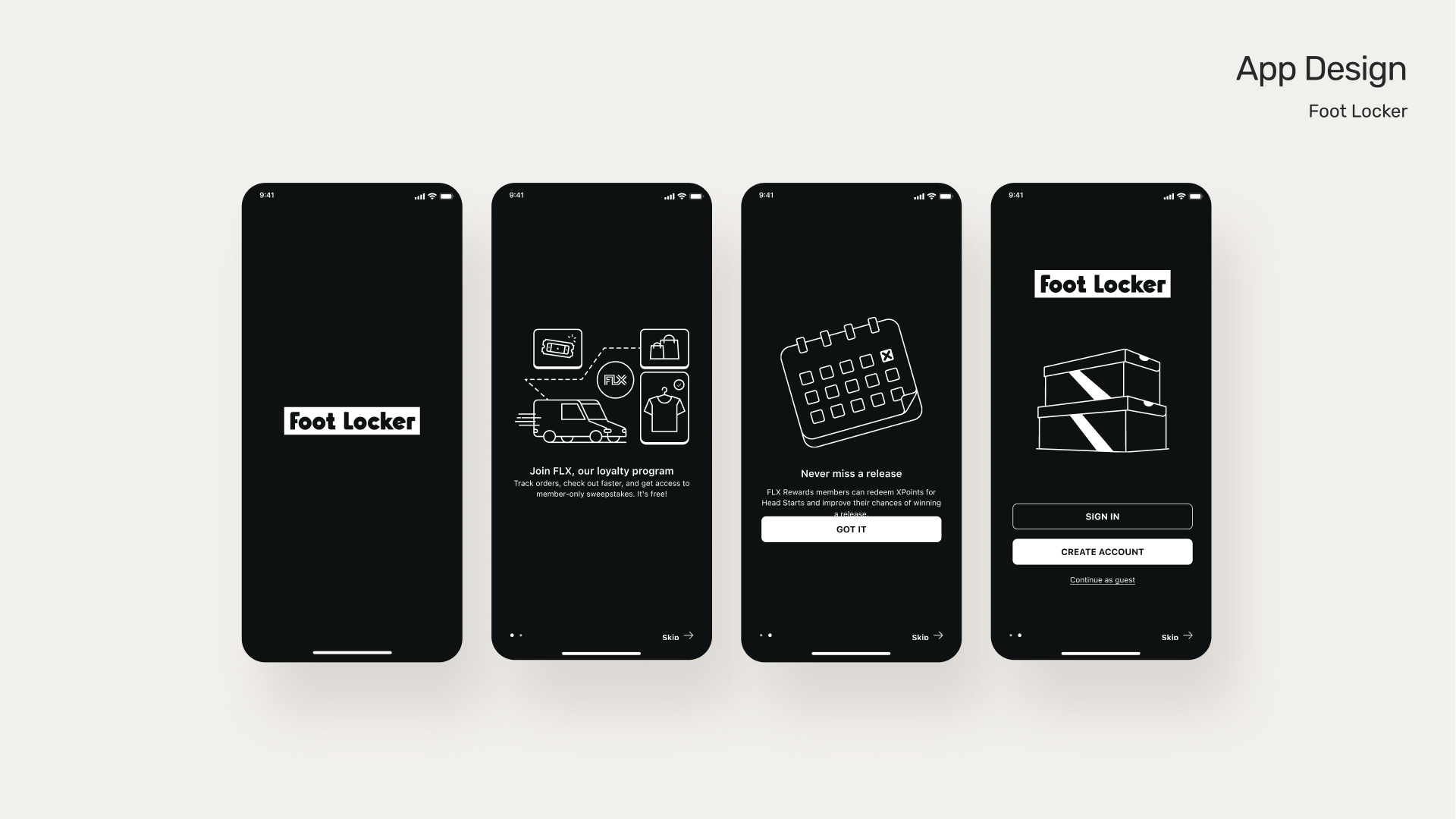 Four mobile screens showing Foot Locker app design, including logo, icons, calendar, and login screens.