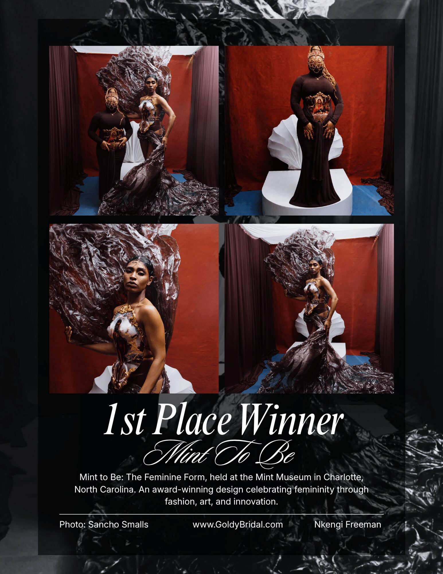 Four images of a woman in a gown, with a large curly hairstyle, posing in front of a red backdrop. Text reads '1st Place Winner Man of Be'.