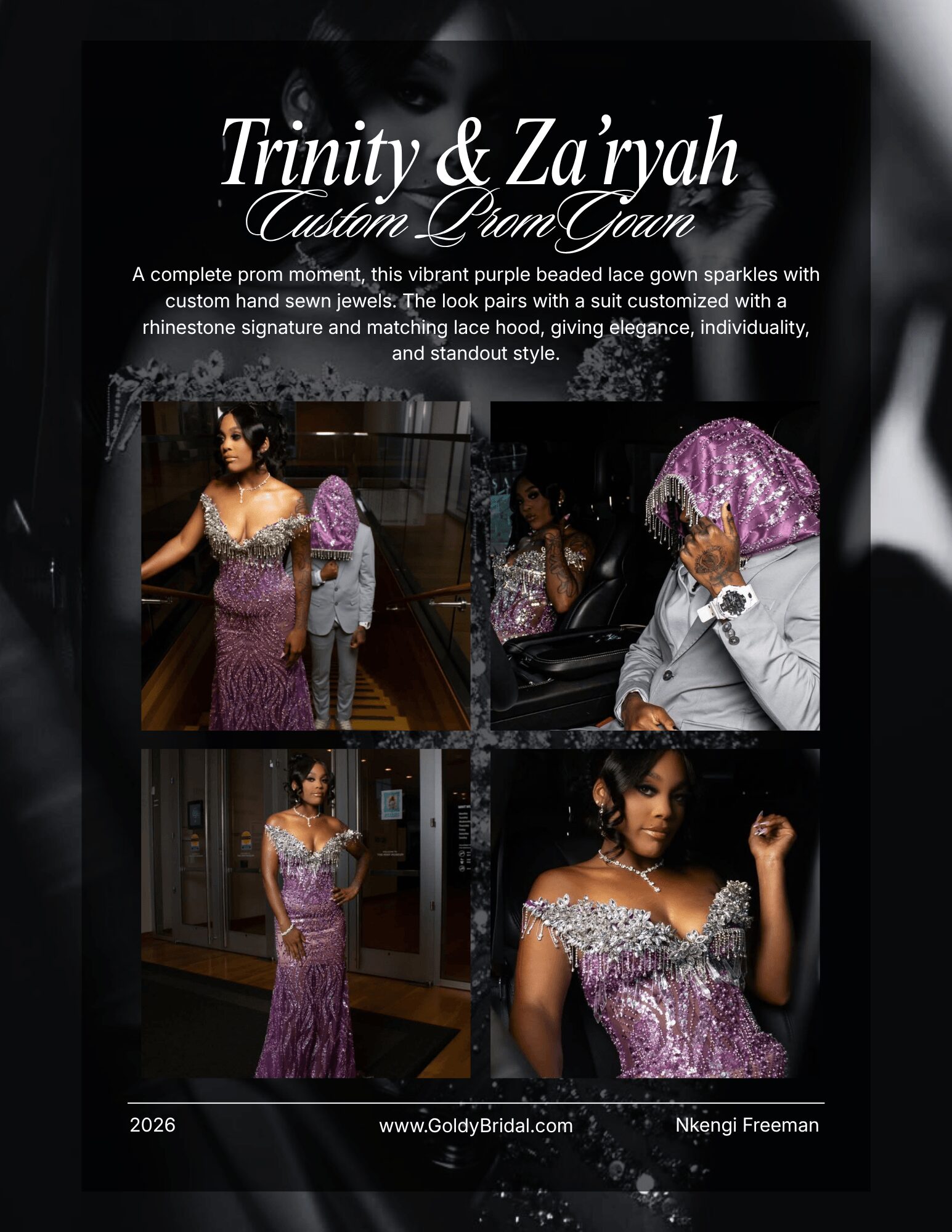 Four women in elegant dresses, one with a purple headscarf, posing indoors. Text describes Trinity & Za'ryah custom crown jewelry.