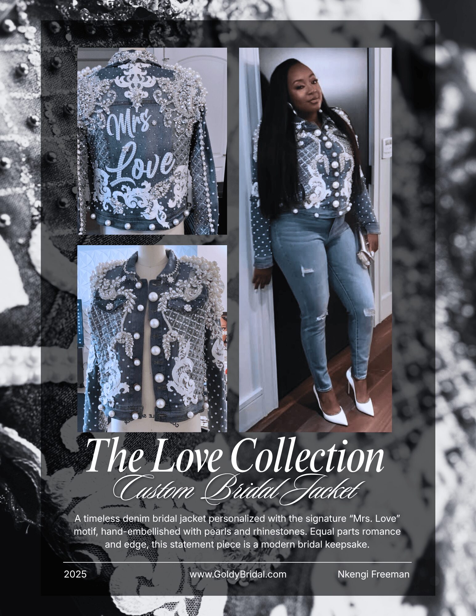 Woman in denim jacket with lace and floral details, standing indoors, wearing jeans and heels, smiling. Two close-up images of the jacket are also shown.