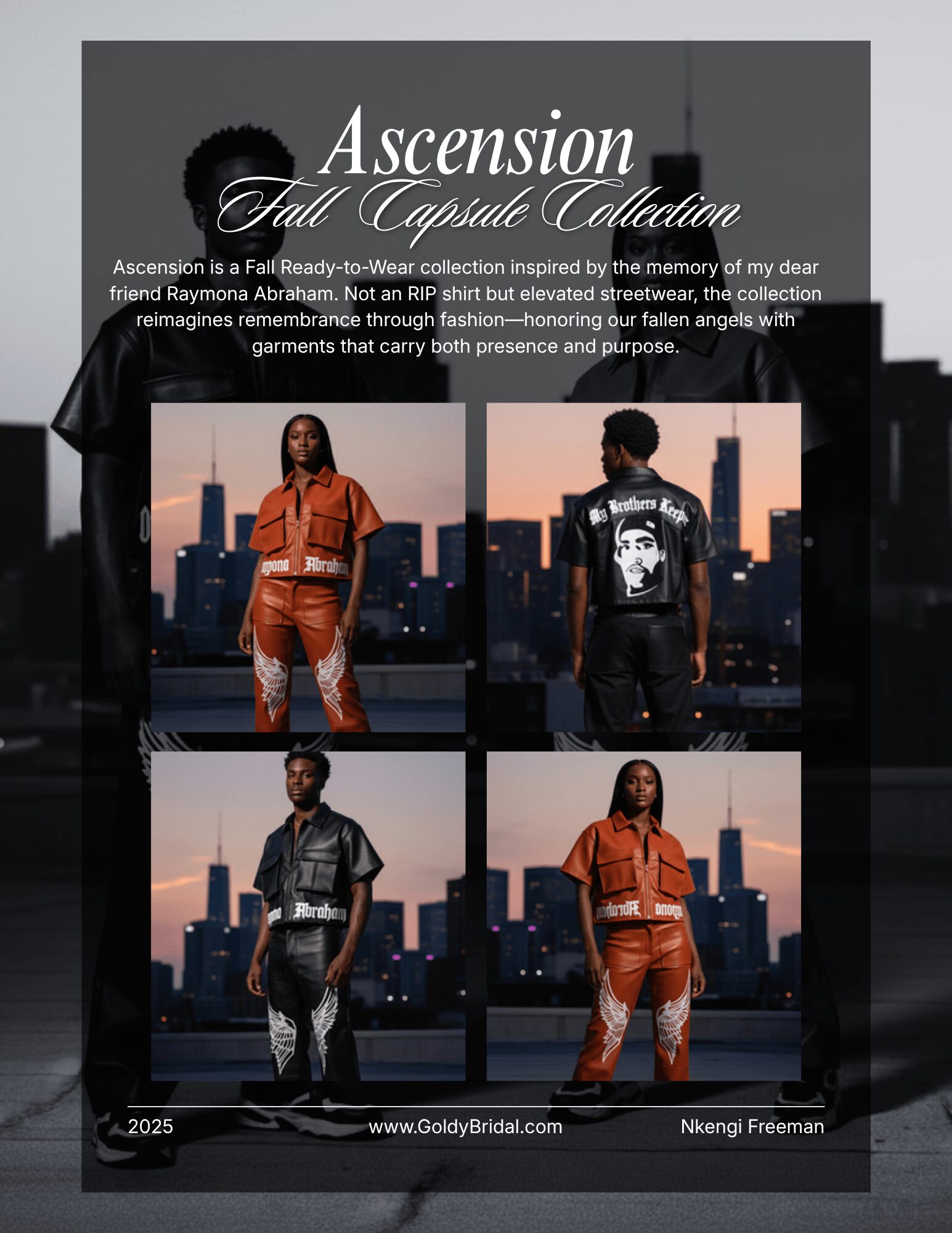 Four models in urban outfits pose against city skyline at sunset, with a promotional poster in the background. Text reads 'Ascension Tailored Collection'.