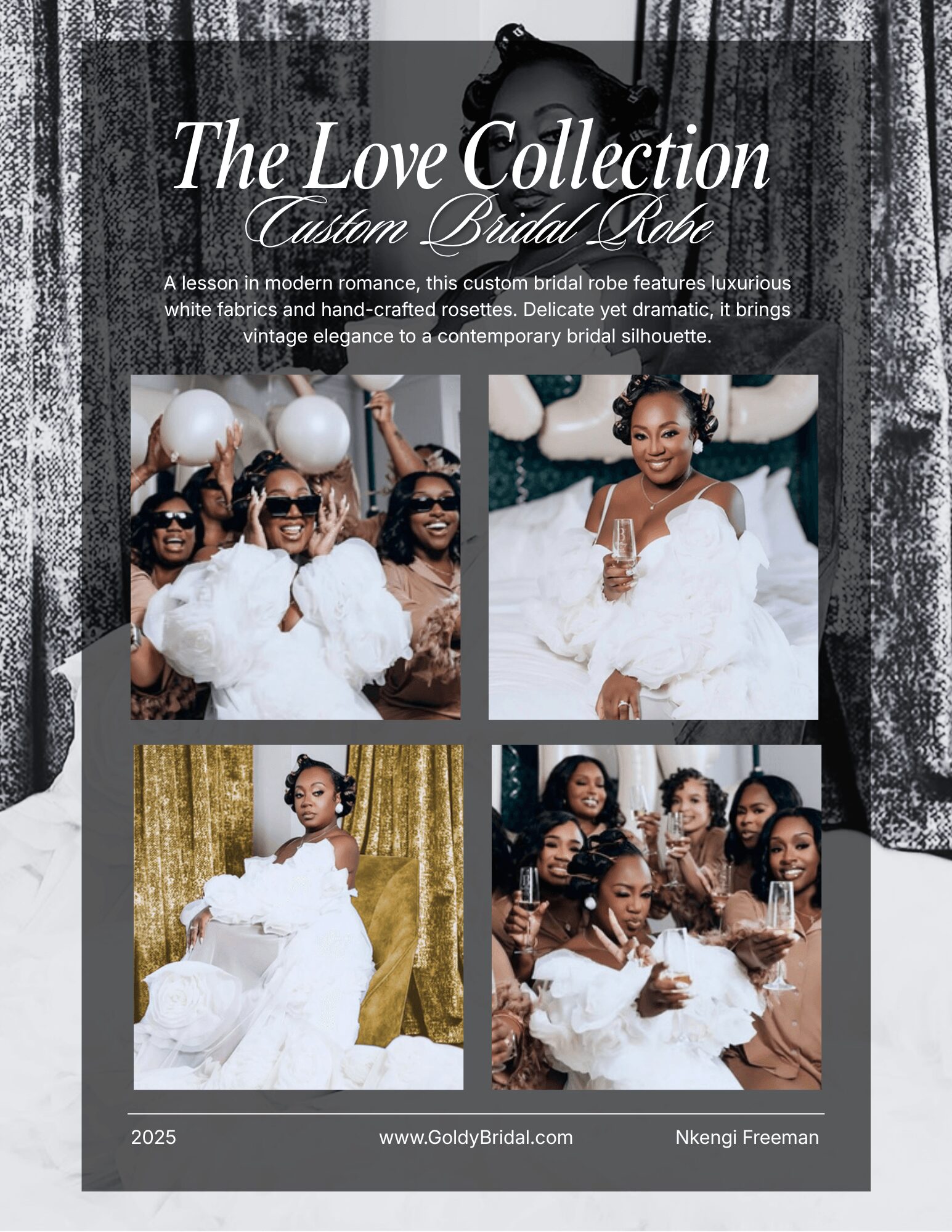 Cover of bridal collection catalog featuring four women in wedding dresses, smiling and holding glasses, with a dark textured background.