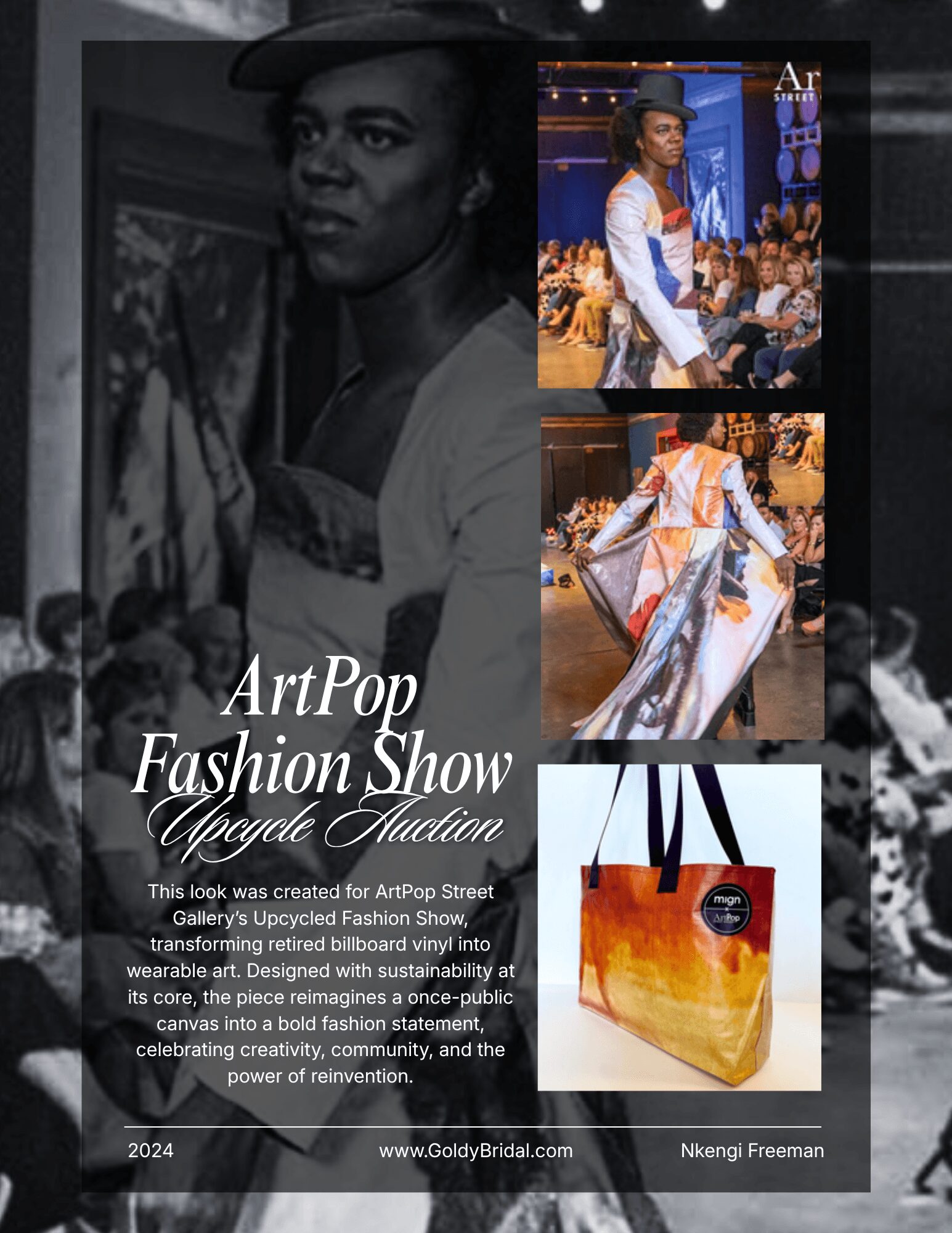 Fashion show with models walking on runway, audience watching, and a handbag displayed, with text about ArtPop Fashion Show, 2024.
