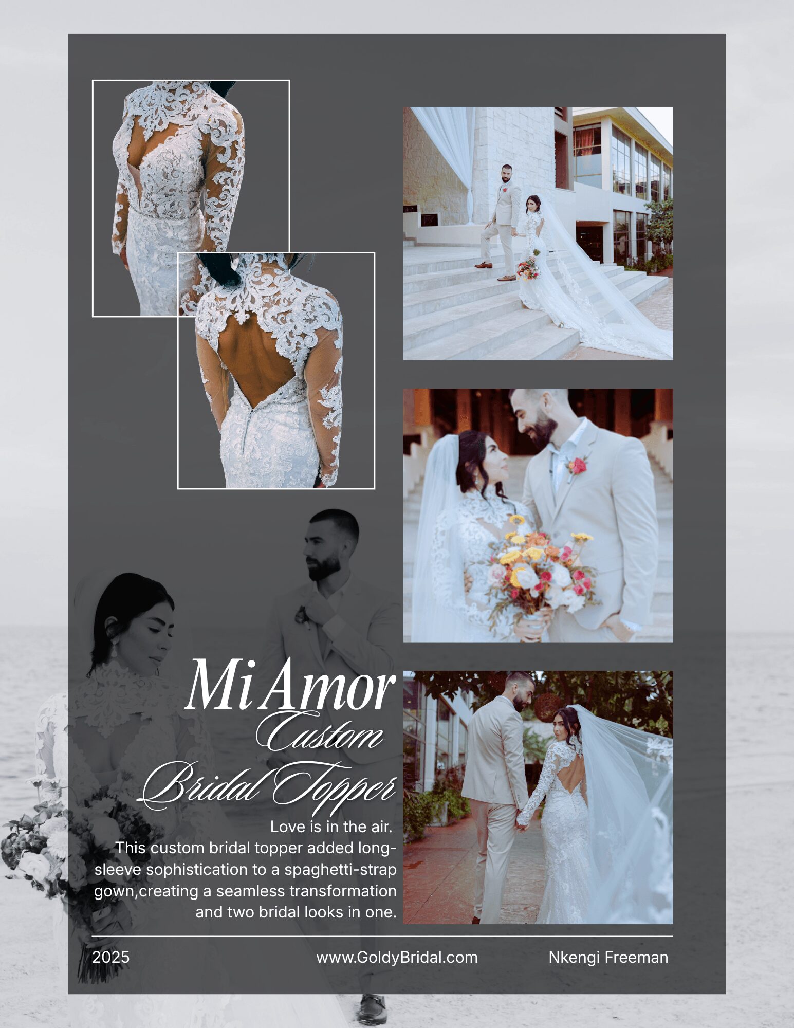 Collage of wedding dress and bride images, including bride in white gown, holding bouquet, and walking outside, with text about bridal copper.