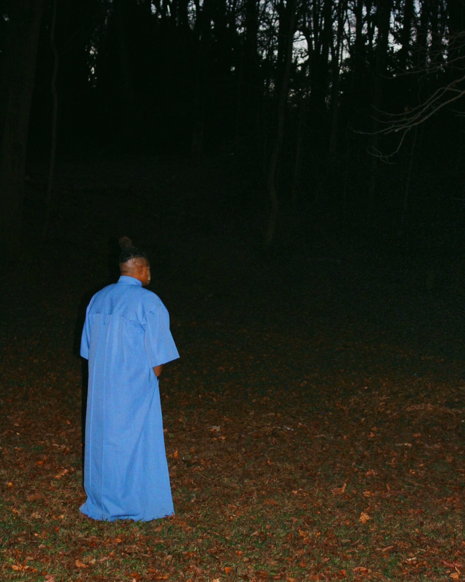 Person in a blue robe standing outdoors in a dark forest, facing away from the camera, ground covered with leaves.