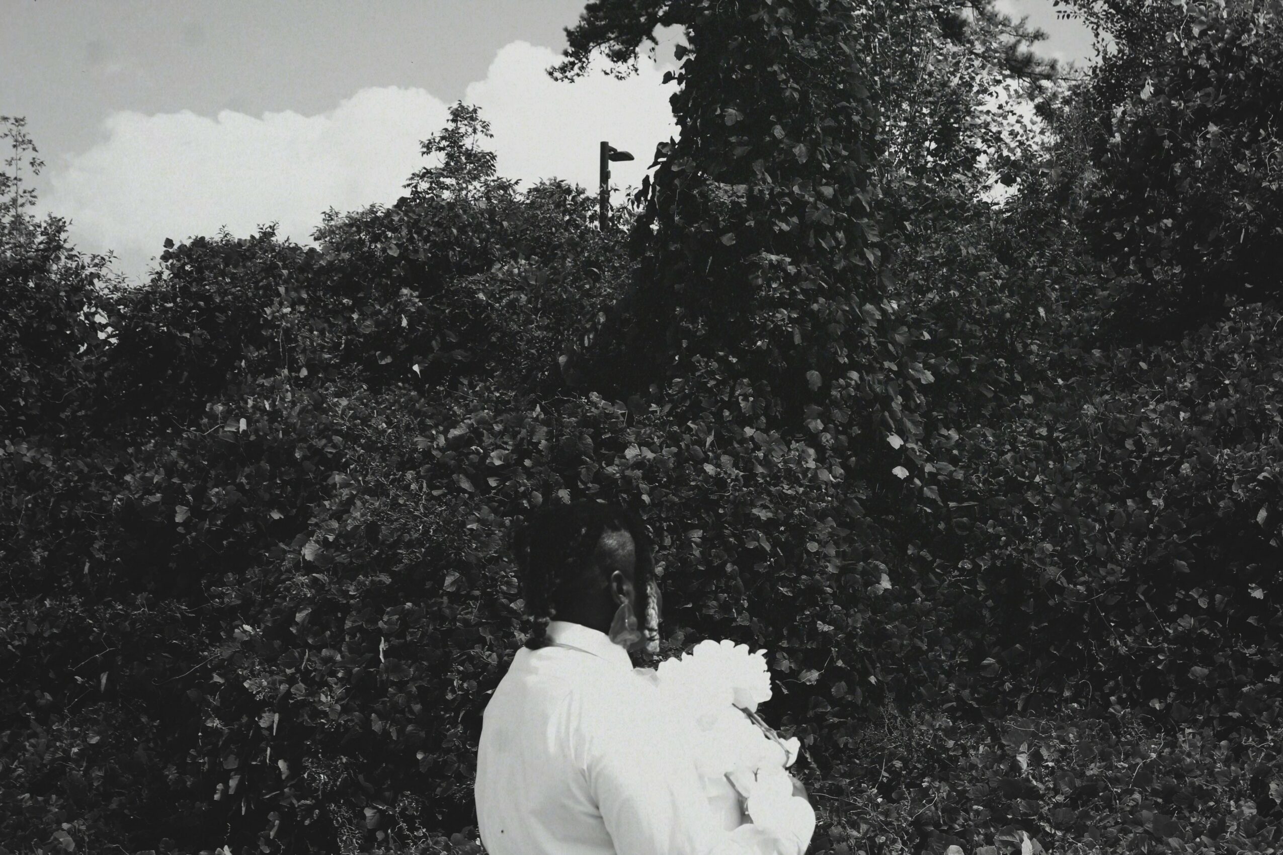 Person wearing a white shirt standing outdoors with trees and sky in the background.