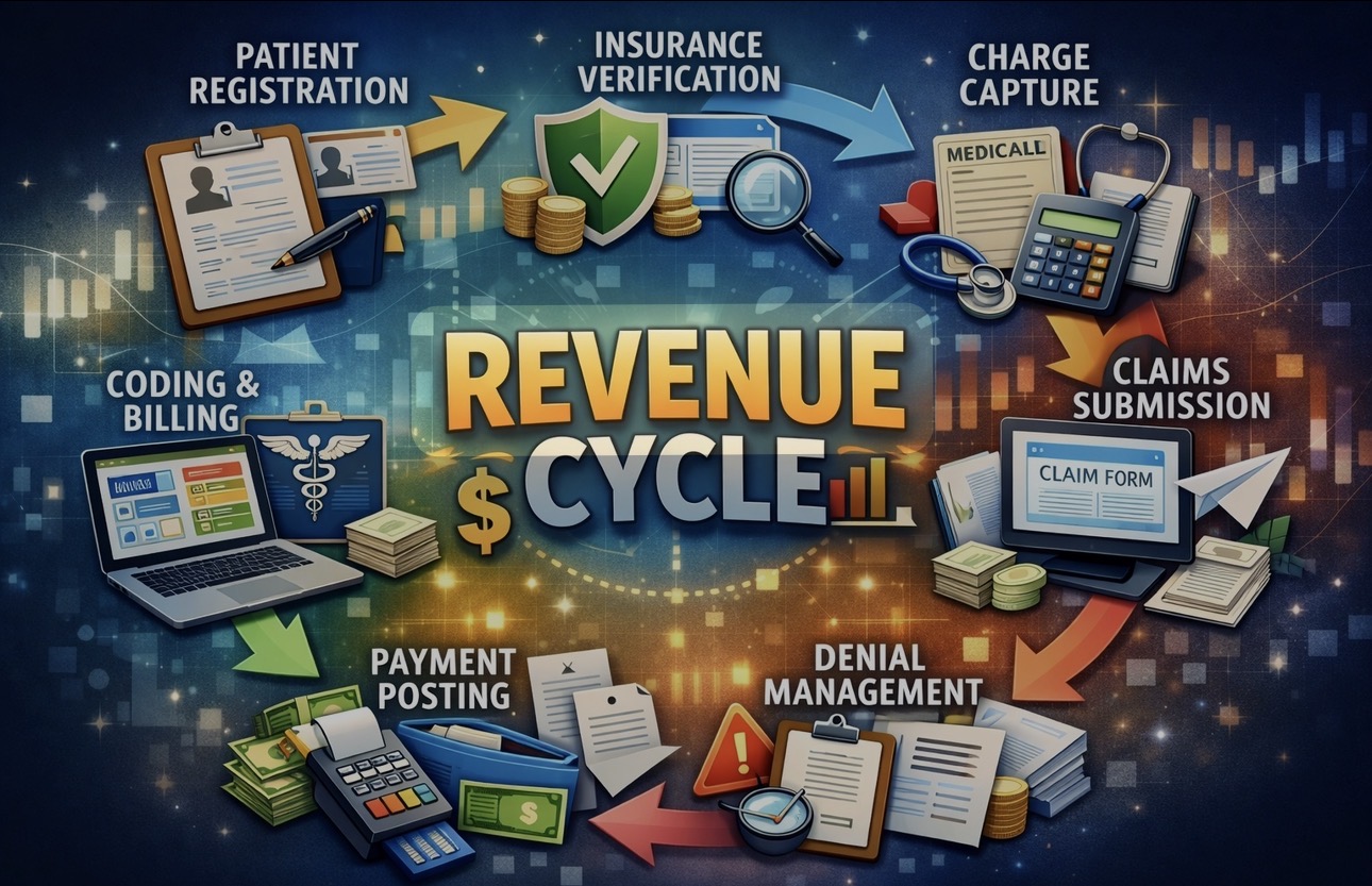 Flowchart illustrating healthcare revenue cycle steps including registration, verification, coding, billing, payment, denial, claims, and collection.