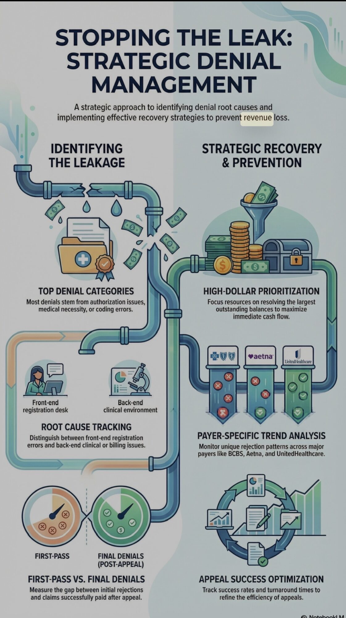 Flowchart illustrating leak management strategies, including identifying, prioritizing, analyzing, and optimizing leak prevention and response.