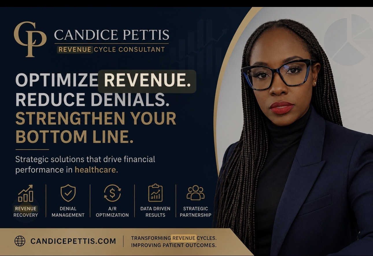 Professional woman with glasses and braids in a dark blazer, next to text about revenue cycle consulting and healthcare finance.