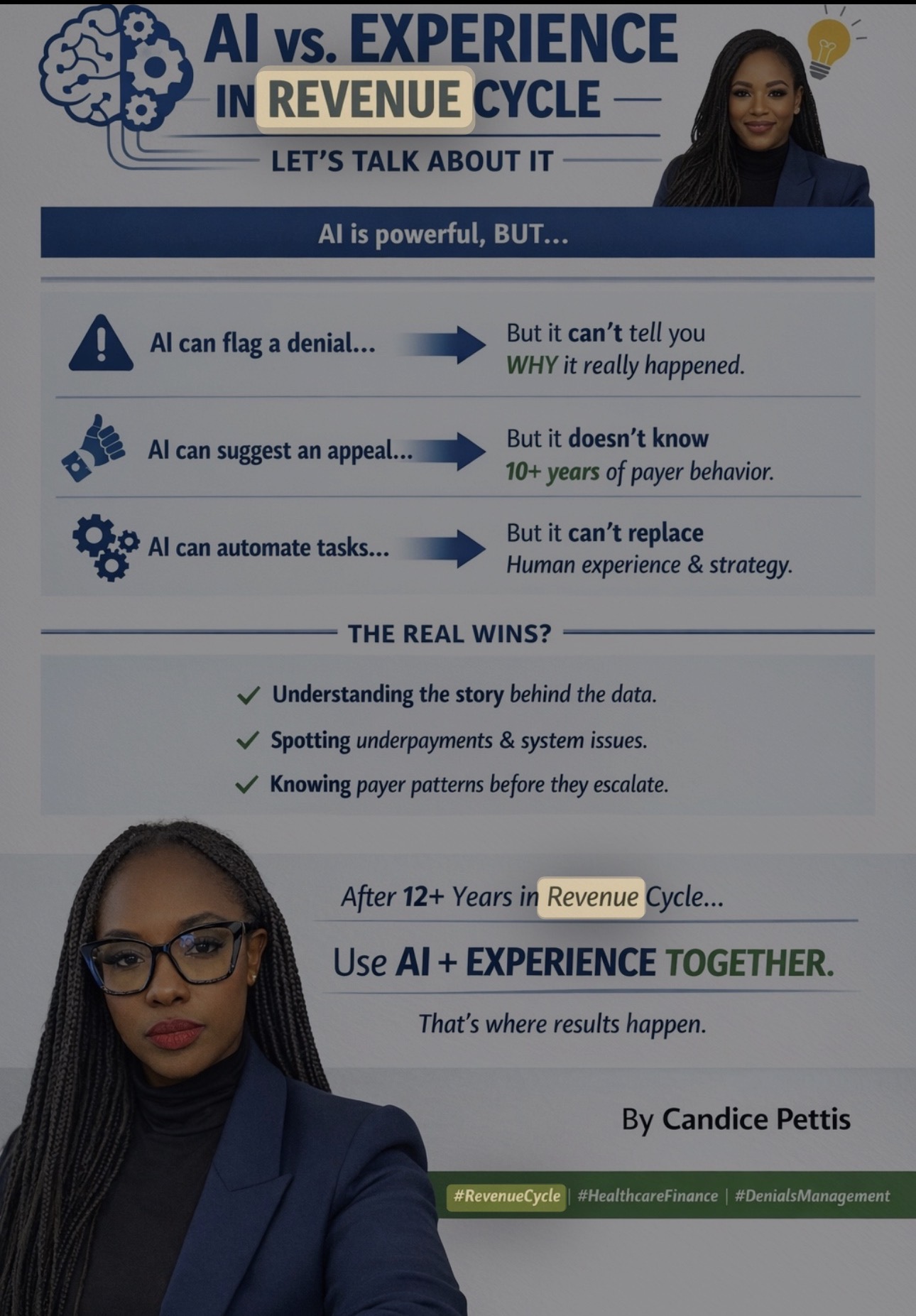 Infographic comparing AI and human experience in revenue cycle, with text, icons, and a woman in glasses and blue blazer.