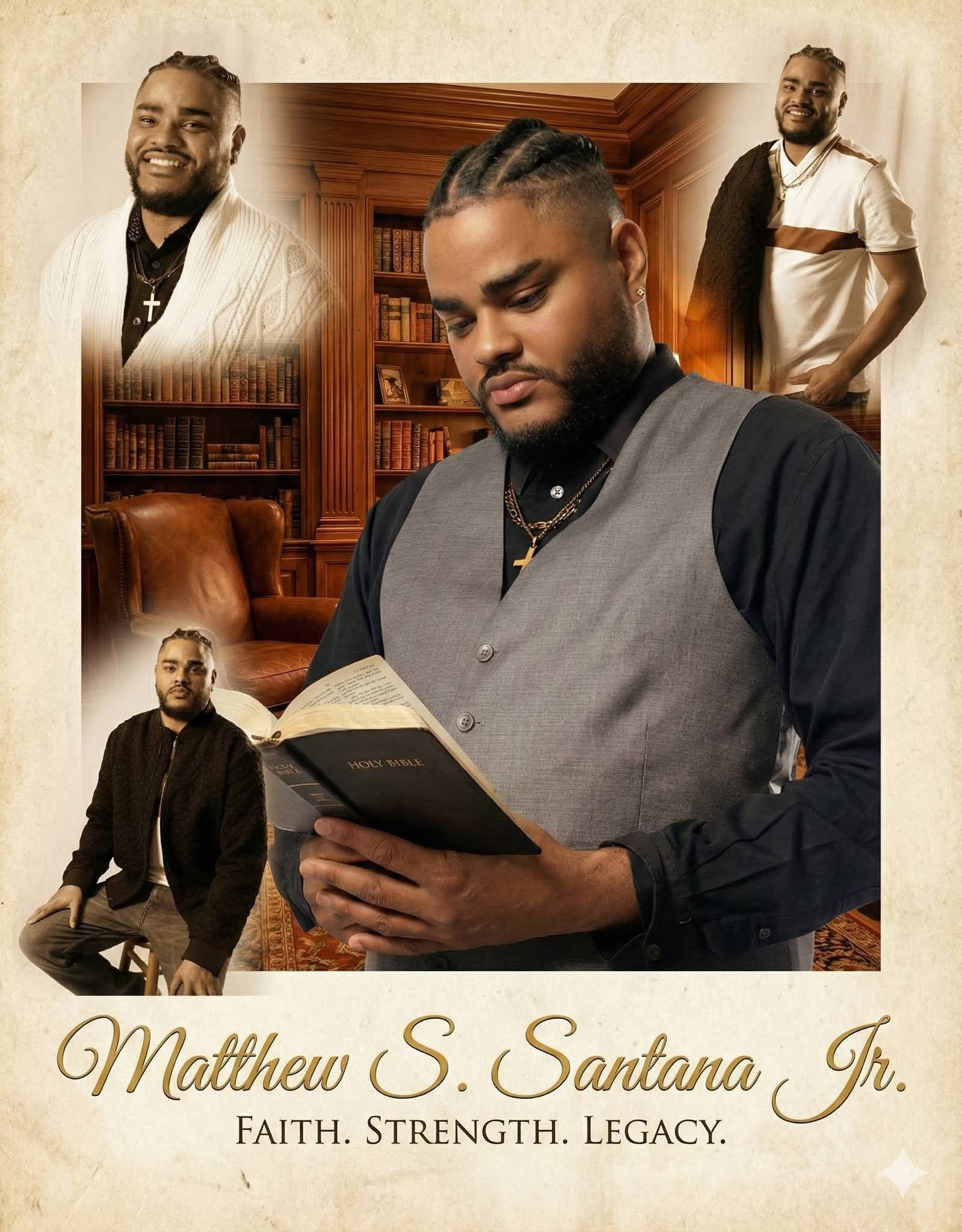Man reading a book in a library with three other images of him in different poses, background of bookshelves, text with name and values.
