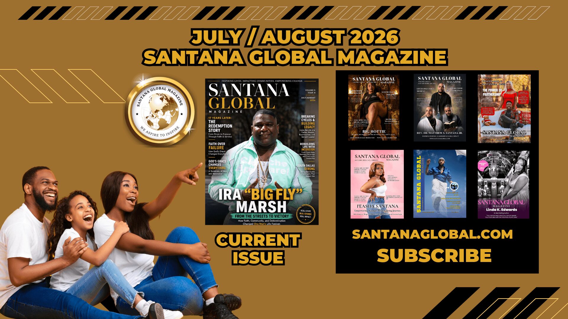 Group of four people smiling and pointing, magazine cover with a man, magazine pages, and subscribe button, on a gold background.