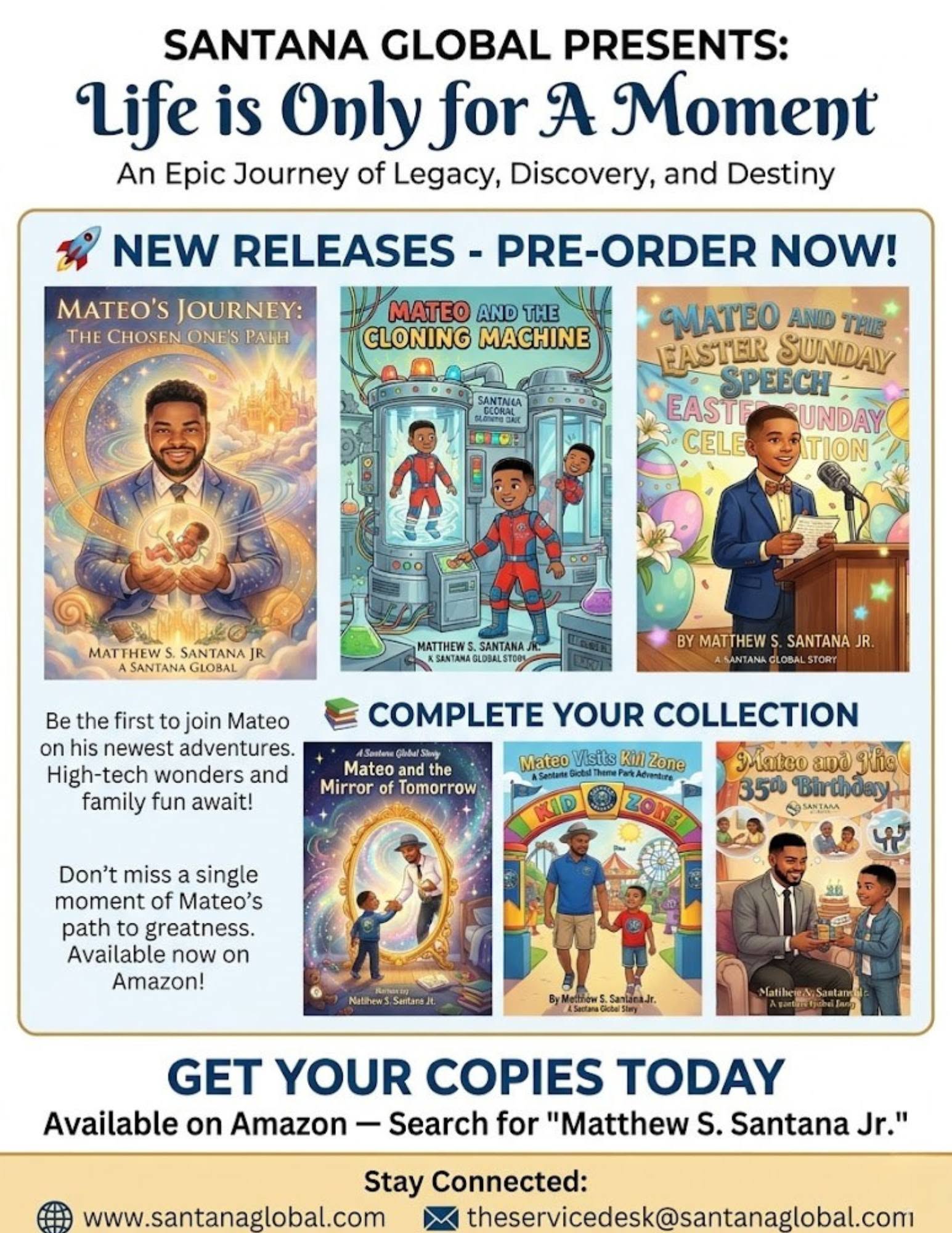 Promotional image for book releases and collection, featuring book covers, a person reading, and text about pre-order and collection.