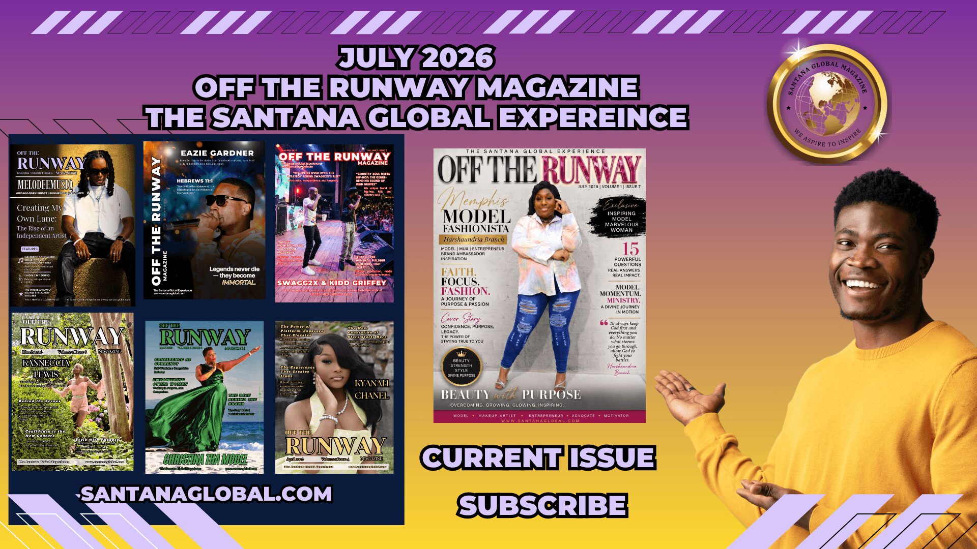 Magazine cover featuring a woman in a white top and jeans, with a smiling man in a yellow shirt beside it, colorful background.