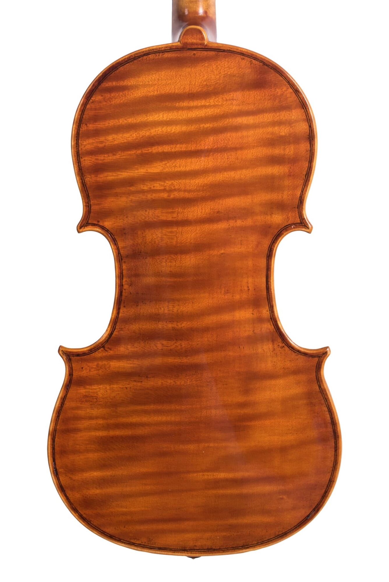 Back of a wooden violin with a striped grain pattern, showing its curved shape and polished surface.