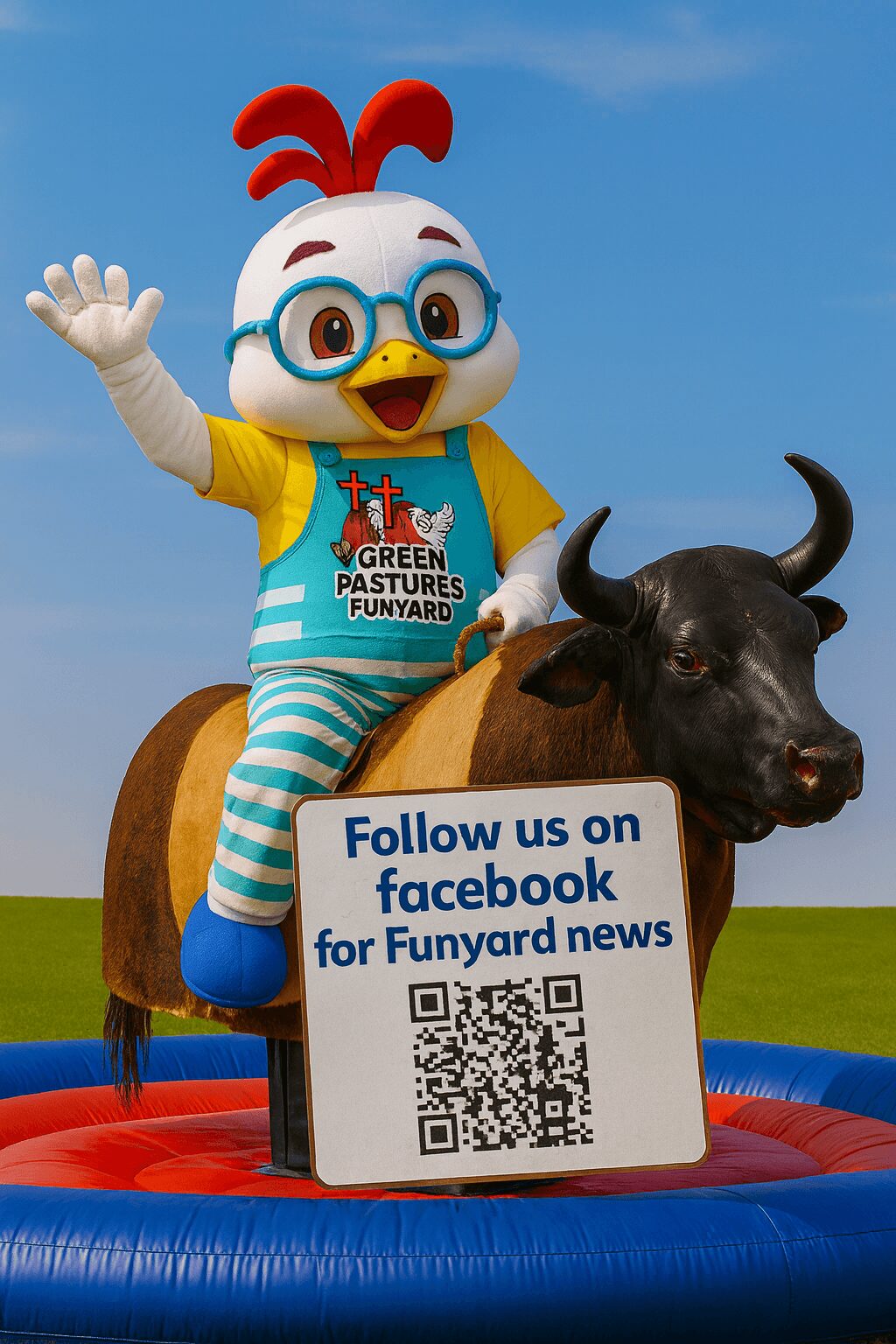 Costumed character with glasses and yellow shirt riding a black bull, holding a sign with a QR code and Facebook info.