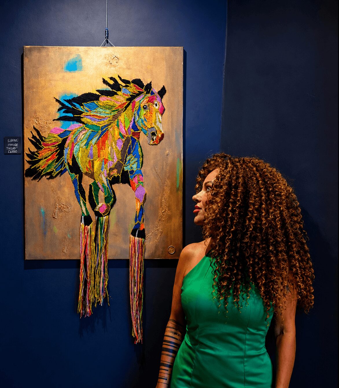Woman with curly hair in green dress looking at colorful horse painting on blue wall.