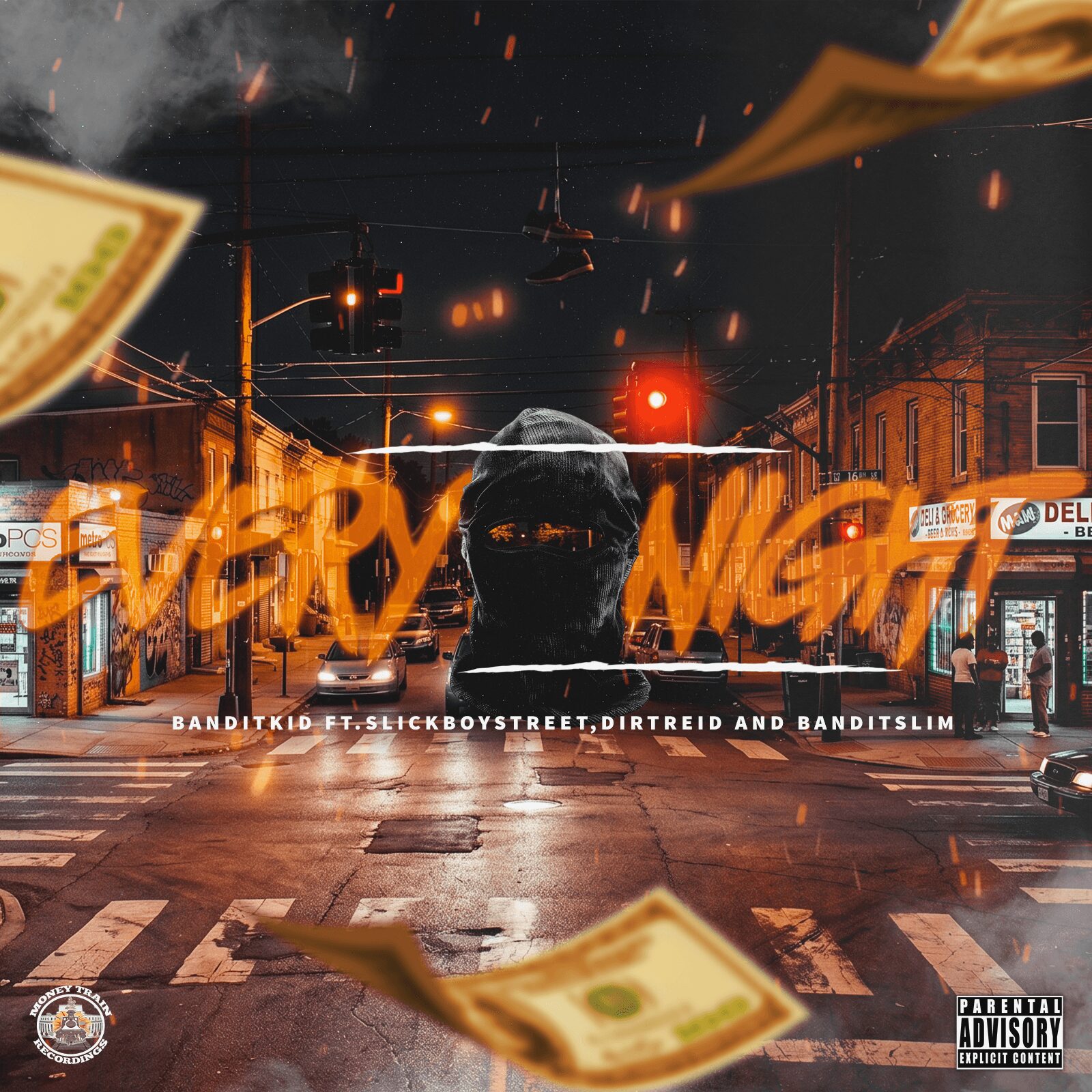 A person with a hood stands in the rain on a city street at night, with orange graffiti text overlay. Word count: 20