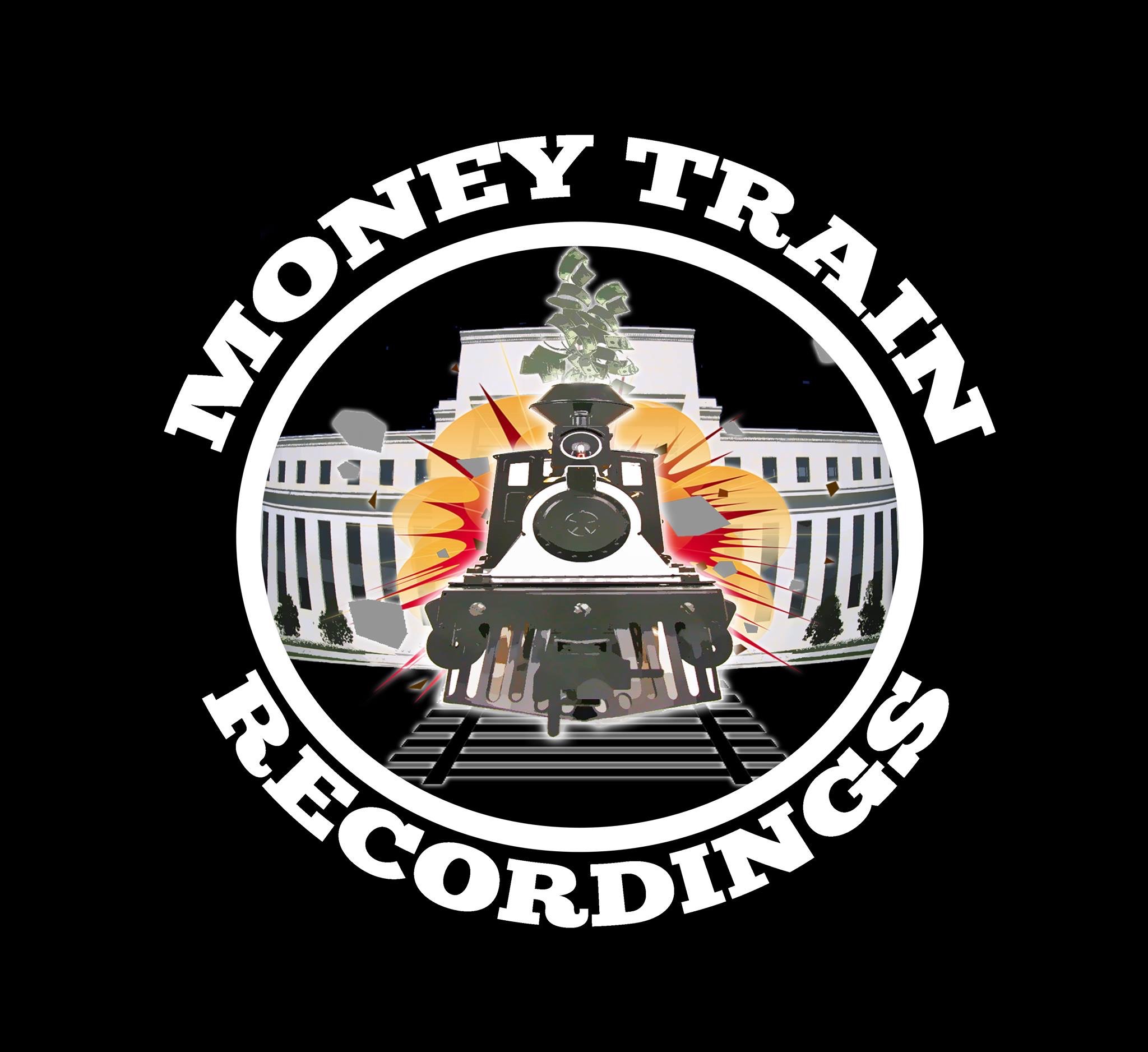 Logo with a train in front of a government building, surrounded by text 'Money Trail Recordings'.