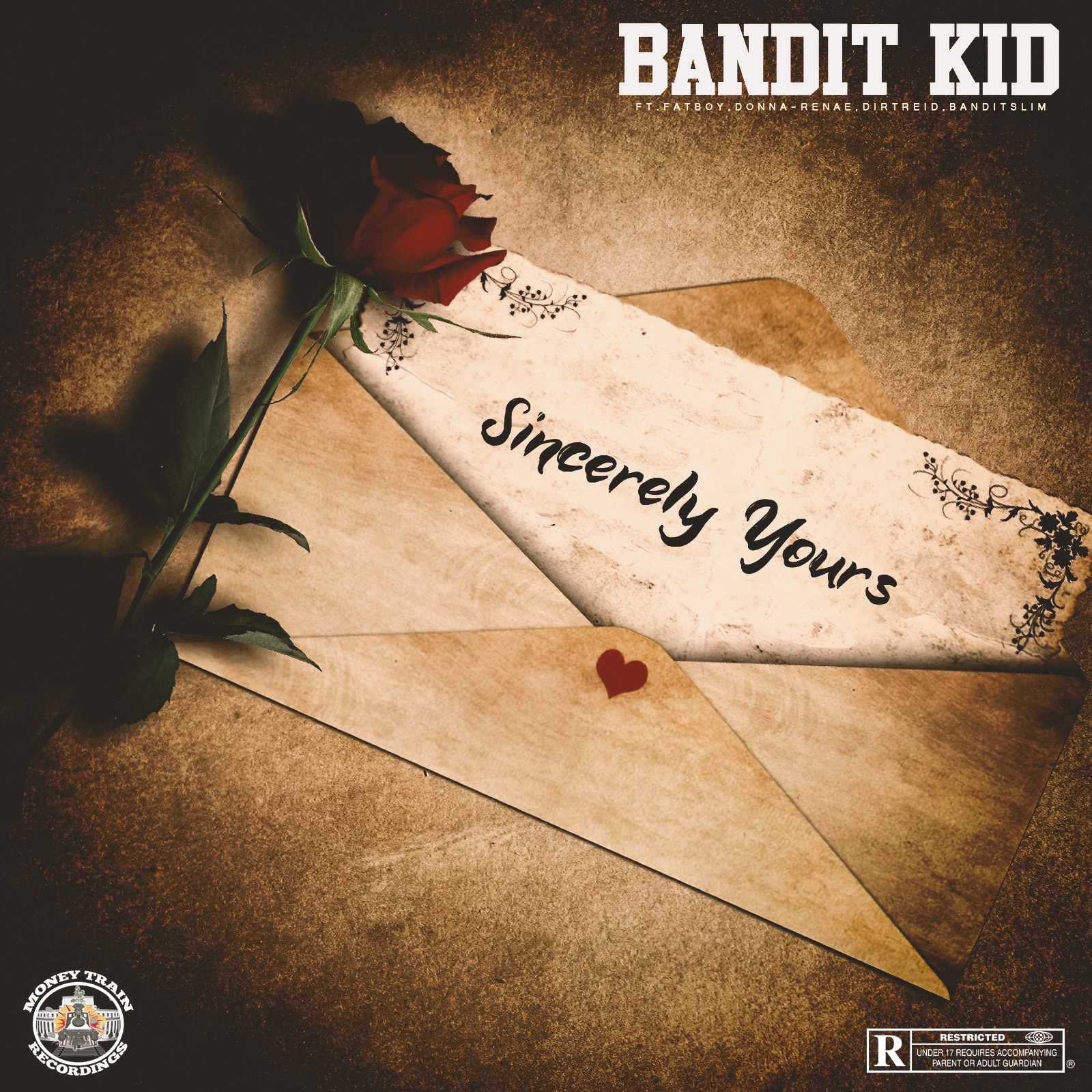 Envelope with a red rose and a handwritten note reading 'Sincerely Yours'. Bandit Kid text at top, heart sticker, and a logo at bottom left.