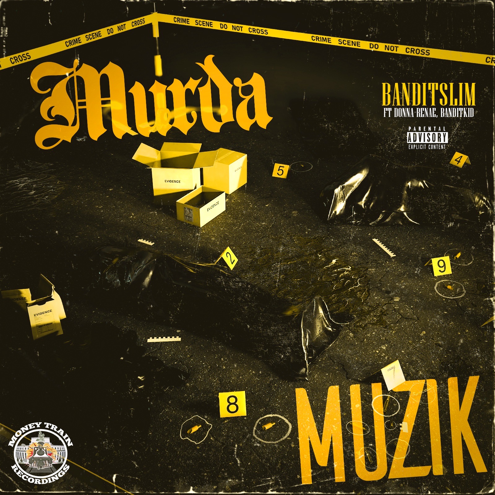 Album cover with yellow text, crime scene tape, numbered evidence markers, and scattered items on dark ground.