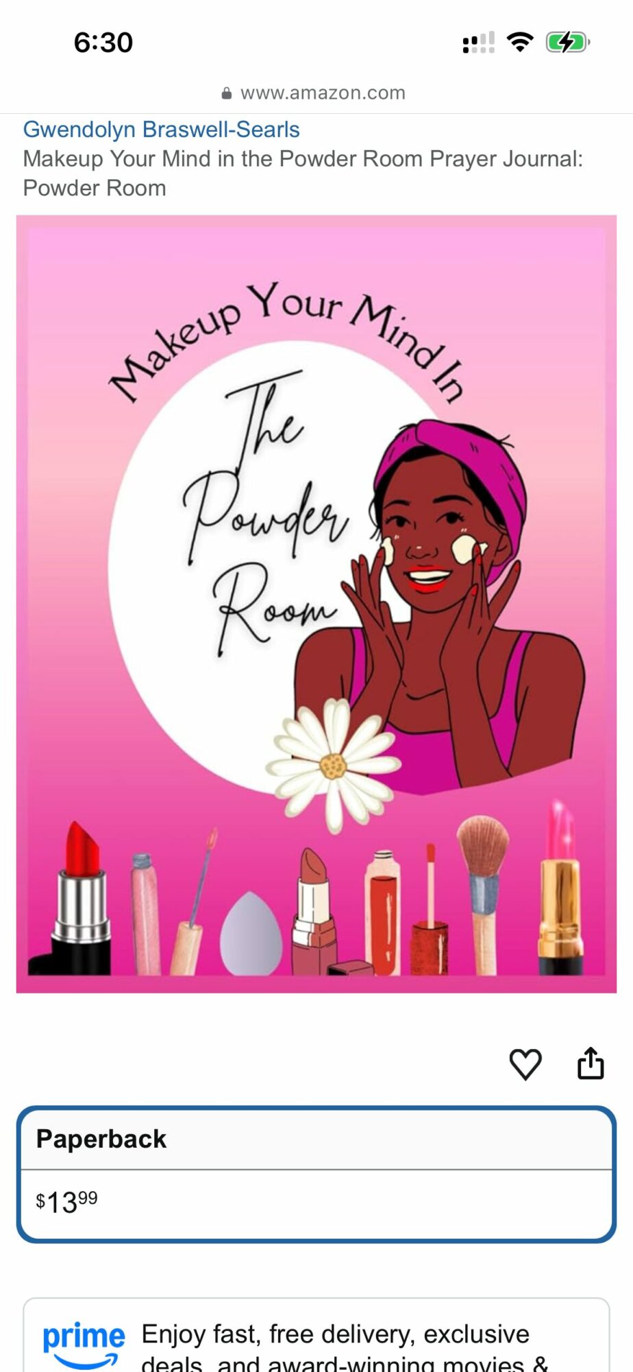 Book cover with a woman applying makeup, pink background, title 'Makeup Your Mind in The Powder Room', makeup items at bottom.