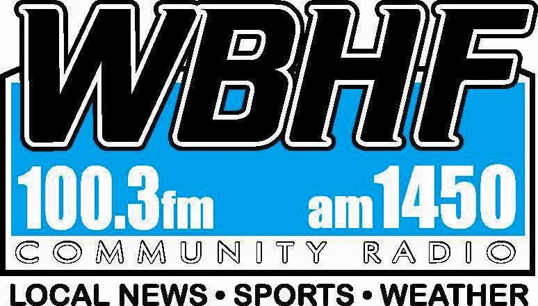 Radio station logo with call letters WBHF, frequency 100.3 FM and 1450 AM, and mentions community news, sports, weather.