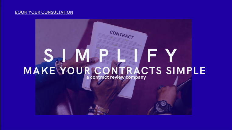 Hands holding a contract with the word 'CONTRACT' visible, promoting simple contract review services.