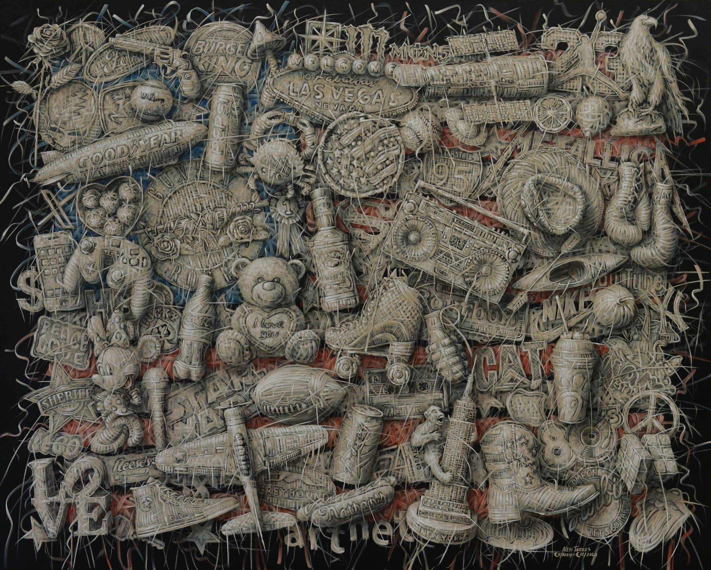 A pile of various objects including toys, bottles, and miscellaneous items, arranged haphazardly on a dark background.