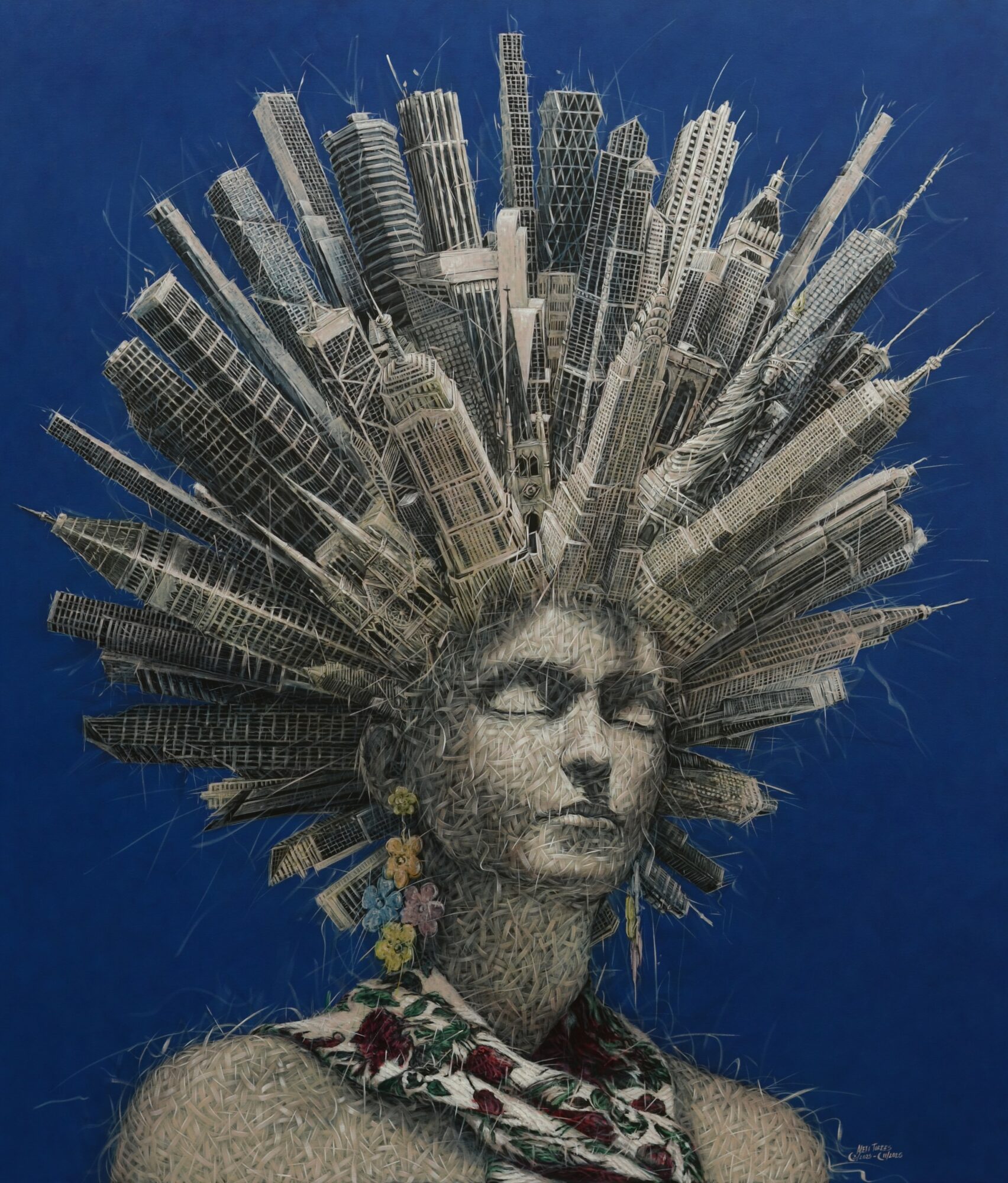 A sculpture of a woman with an elaborate headpiece made of buildings, against a blue background, with floral accessories around her neck.