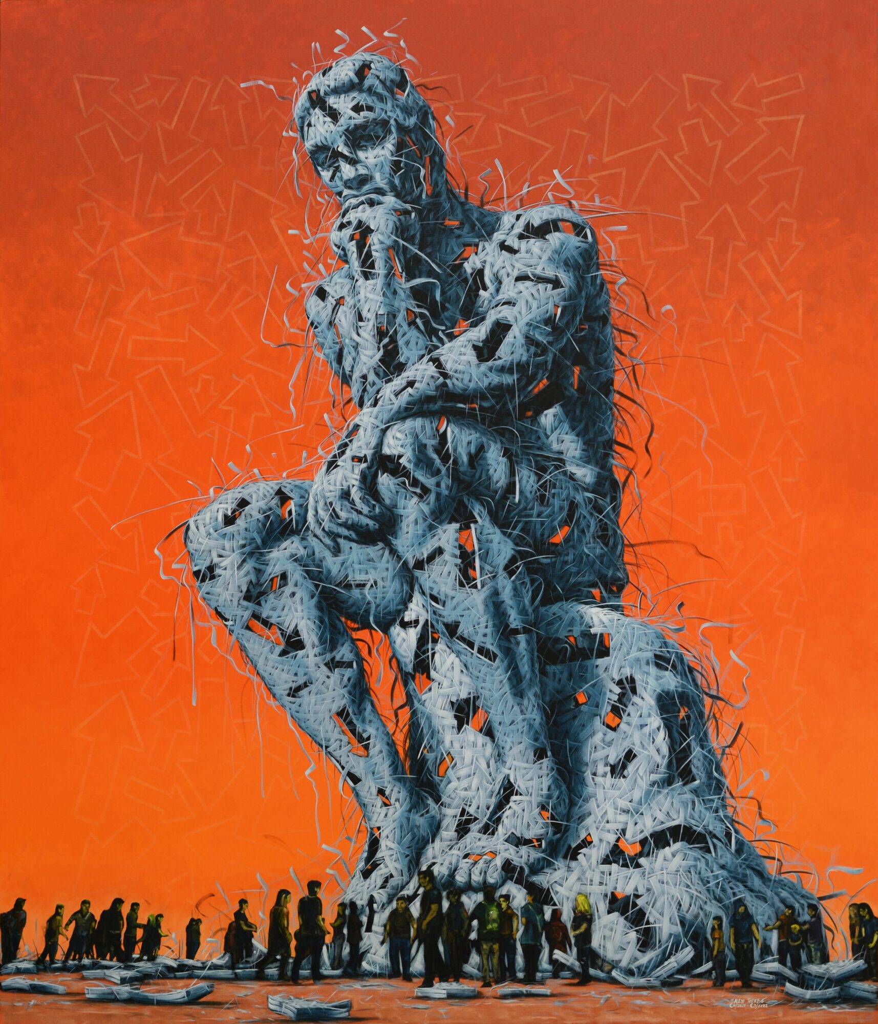 Statue of a person sitting with one knee up, surrounded by a crowd, against an orange background.