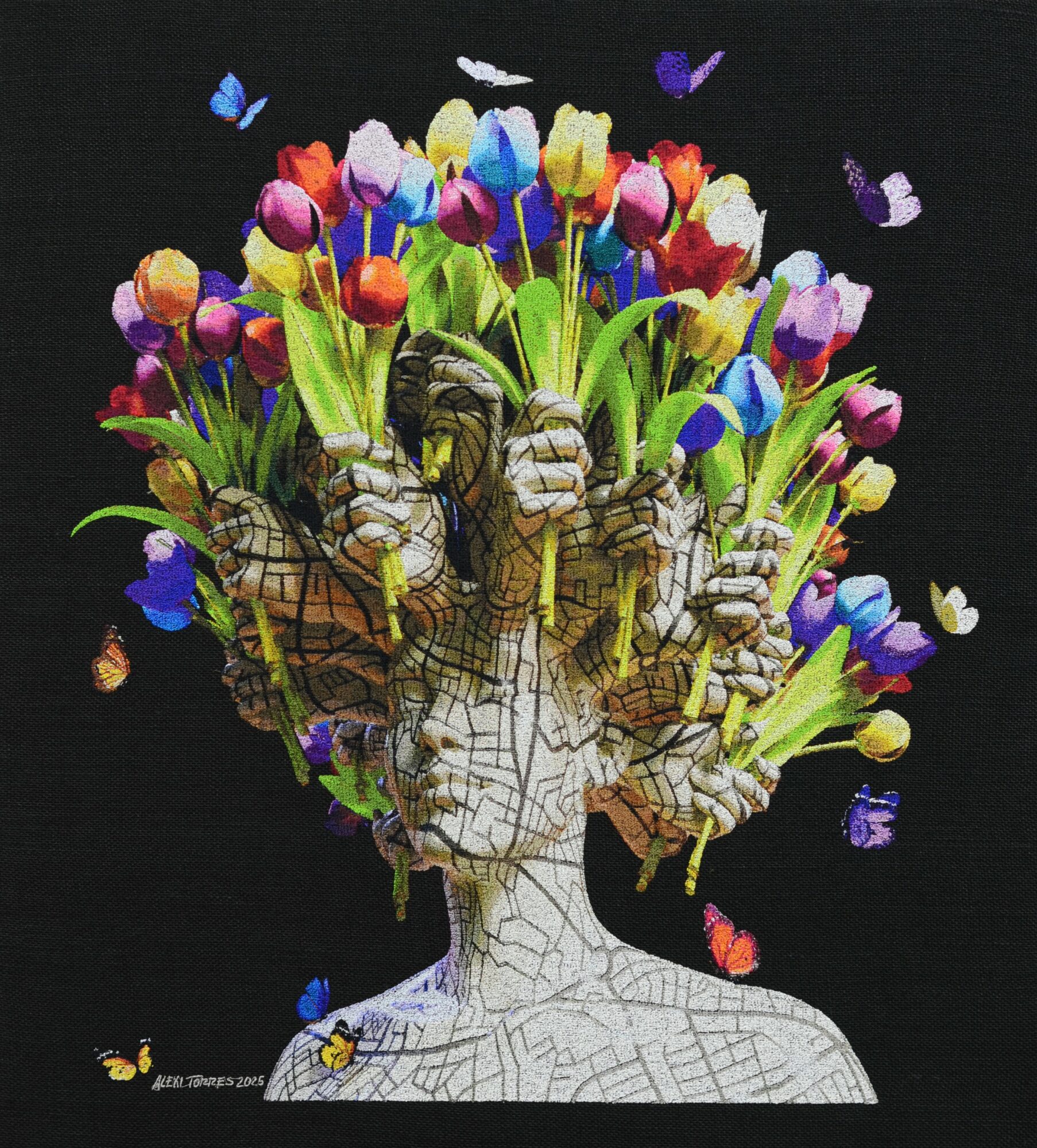A sculpture of a person's head with colorful tulips and butterflies emerging from it, against a black background.