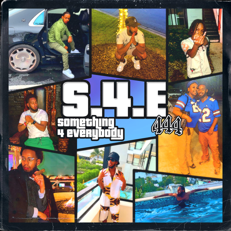 Collage of eight people, some posing, one swimming, with text 'S4E something 4 everybody 444'.