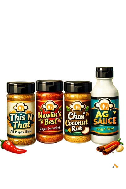 Four spice bottles with labels: This N That, Nawlin's Best, Chai Coconut Rub, and AG Sauce, with chili peppers nearby.