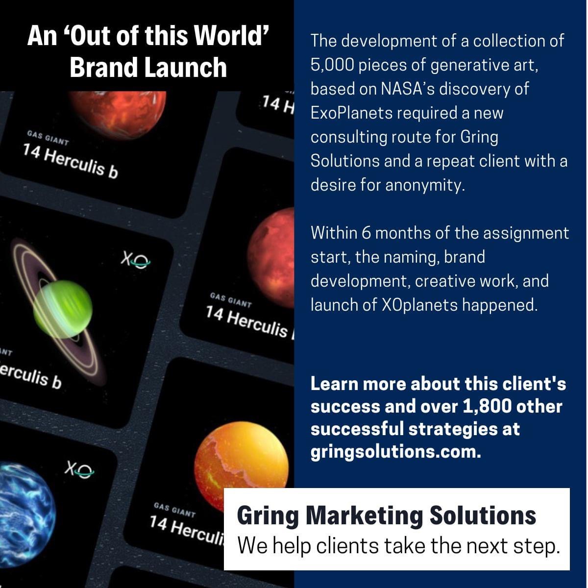Promotional material for an art collection launch, featuring planets and text about client success and strategies.