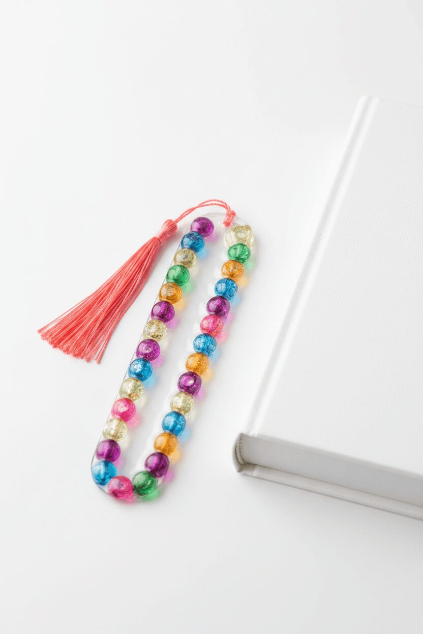 Colorful beaded bracelet with a red tassel, next to a white laptop on a white surface.