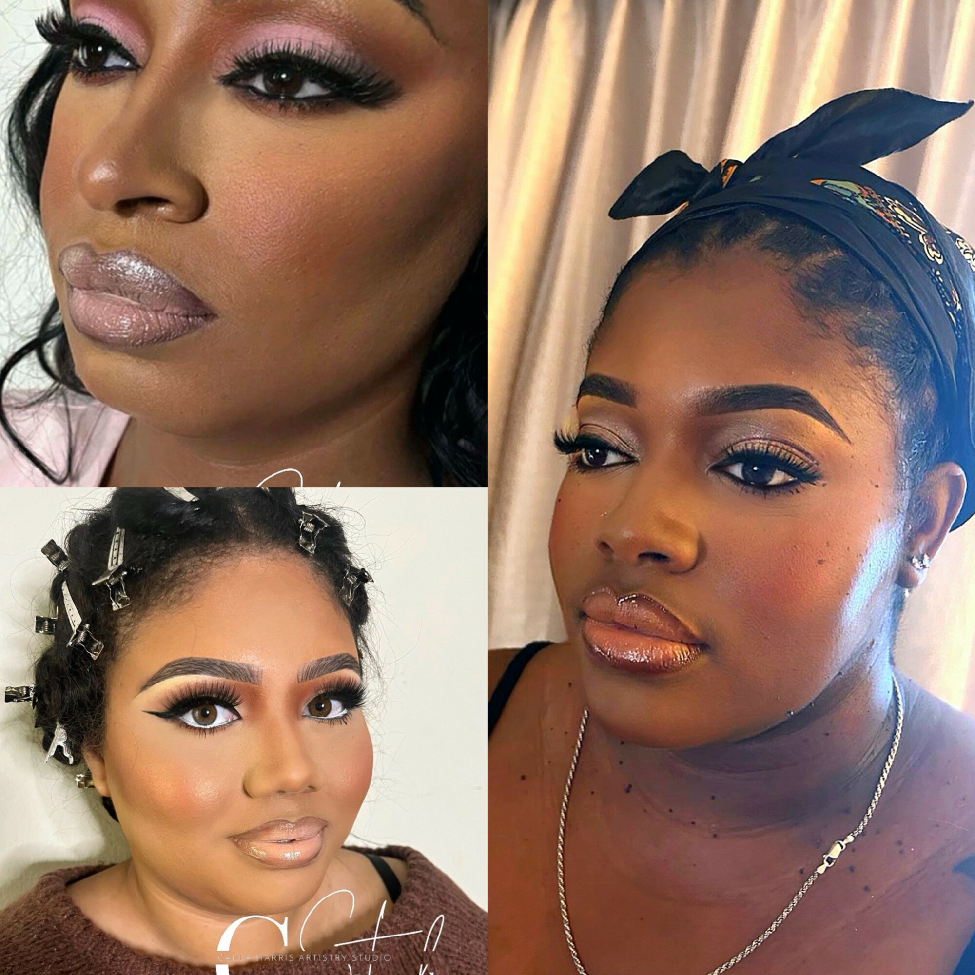 Three women with styled hair and makeup, each in different poses and backgrounds.