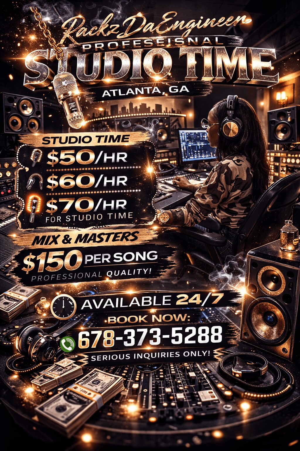 Promotional flyer for a professional audio studio in Atlanta, GA, featuring a DJ, equipment, and pricing details.
