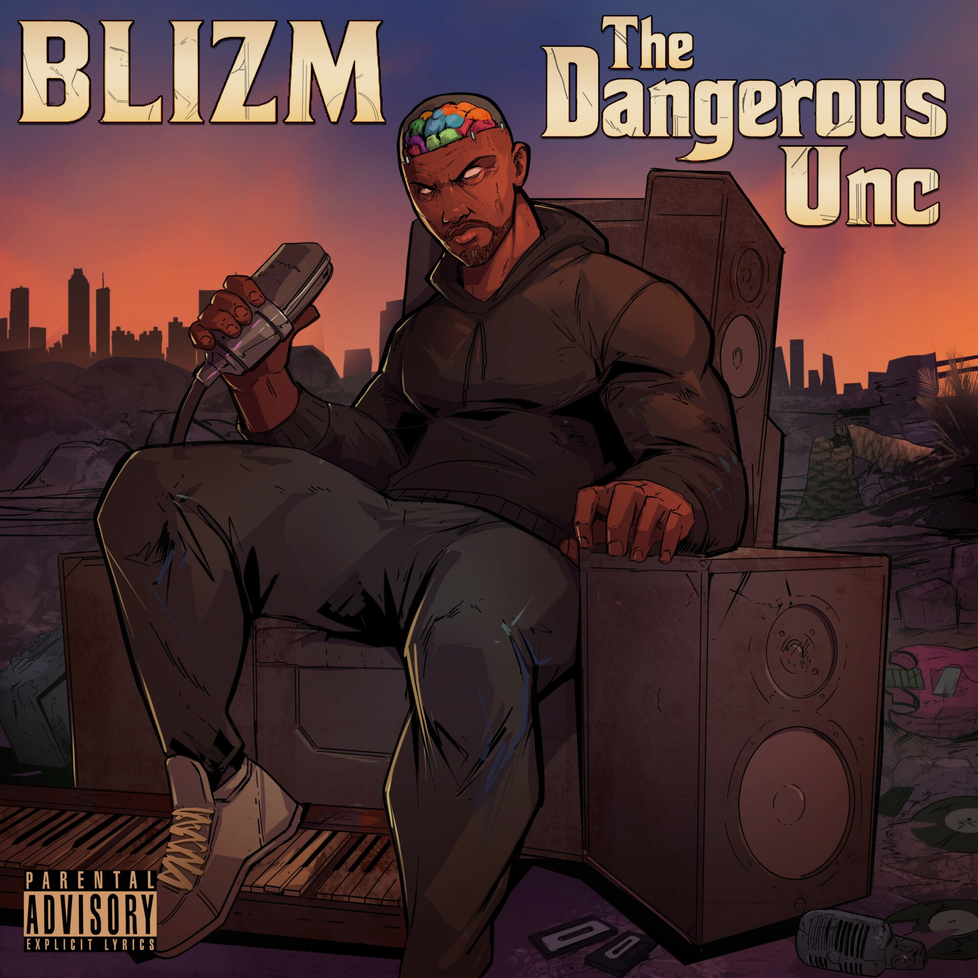 A man sitting on a large speaker with city skyline in background, holding a microphone, with text 'Blizm The Dangerous Unc'.