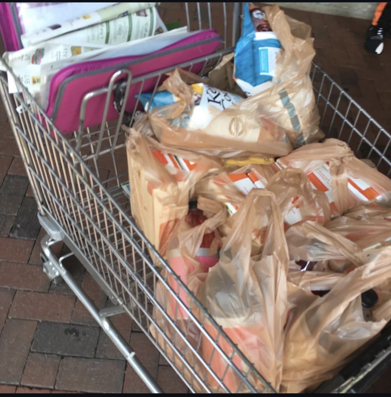 Shopping cart filled with grocery bags and items, with a pink case and other products inside, on a brick floor.